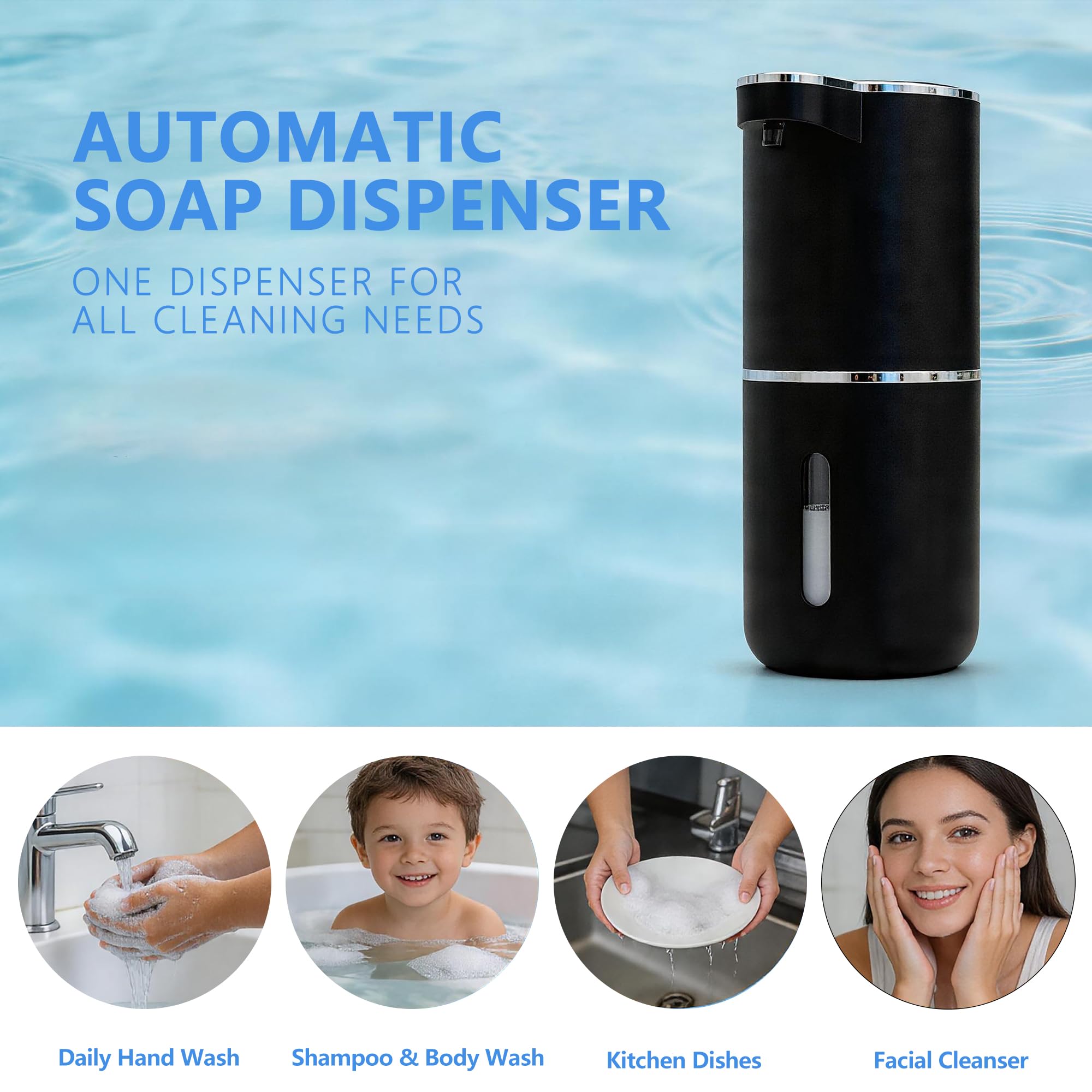 Paquete de 2 dispensadores automáticos de jabón de espuma, dispensador de jabón de manos inteligente recargable por USB con 4 niveles ajustables, 380 ml, montado en la pared o encimera, IPX5