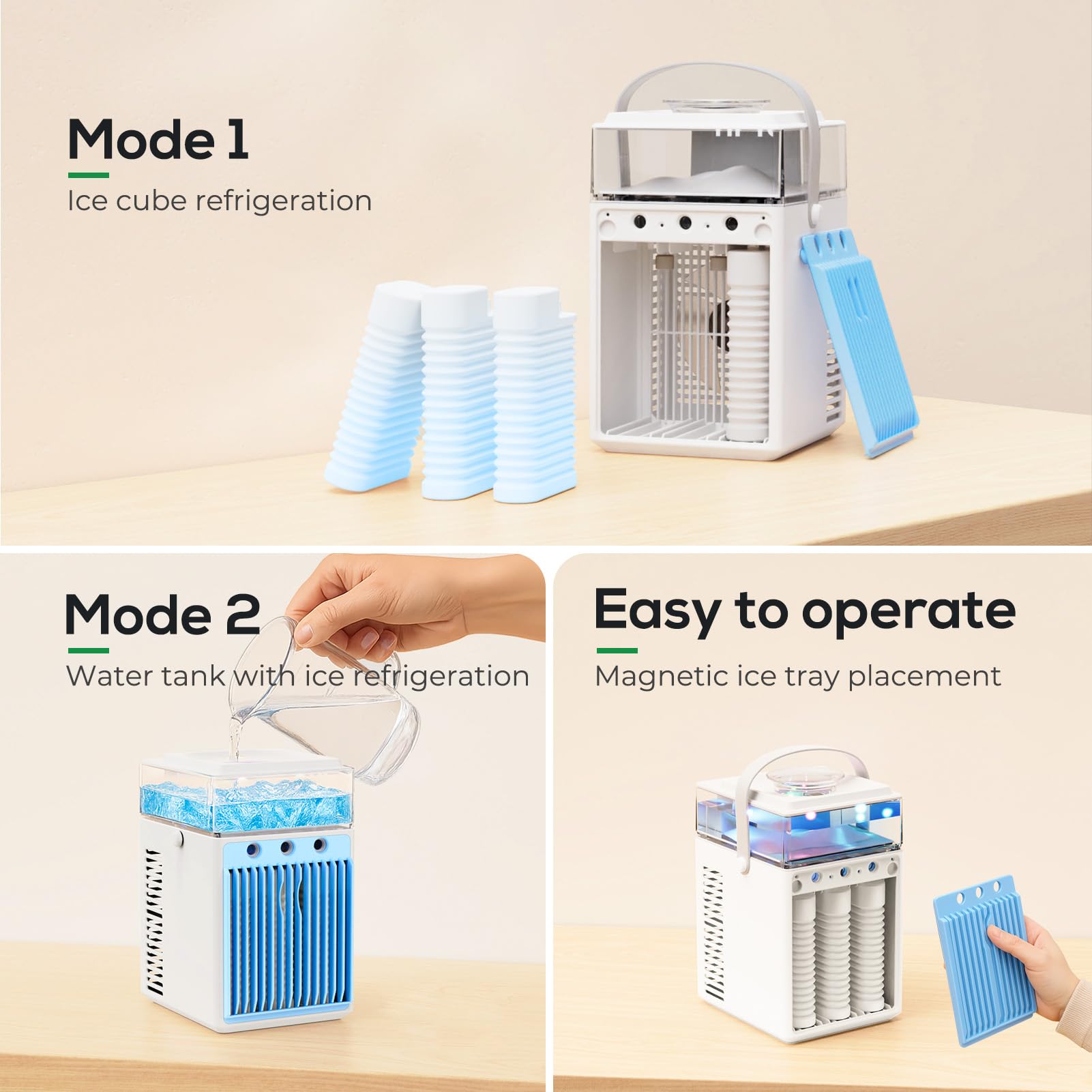 Aire Acondicionado Portátil, 800ML Mini Enfriador de Aire Portátil con Control de Aplicación, 5 en 1 USB Recargable con 6 Cajas de Hielo, Enfriador de Aire Portatil Interior