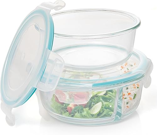 Moss & Stone Juego de 4 recipientes redondos de vidrio para almacenamiento de alimentos con tapas, recipientes de vidrio reutilizables para