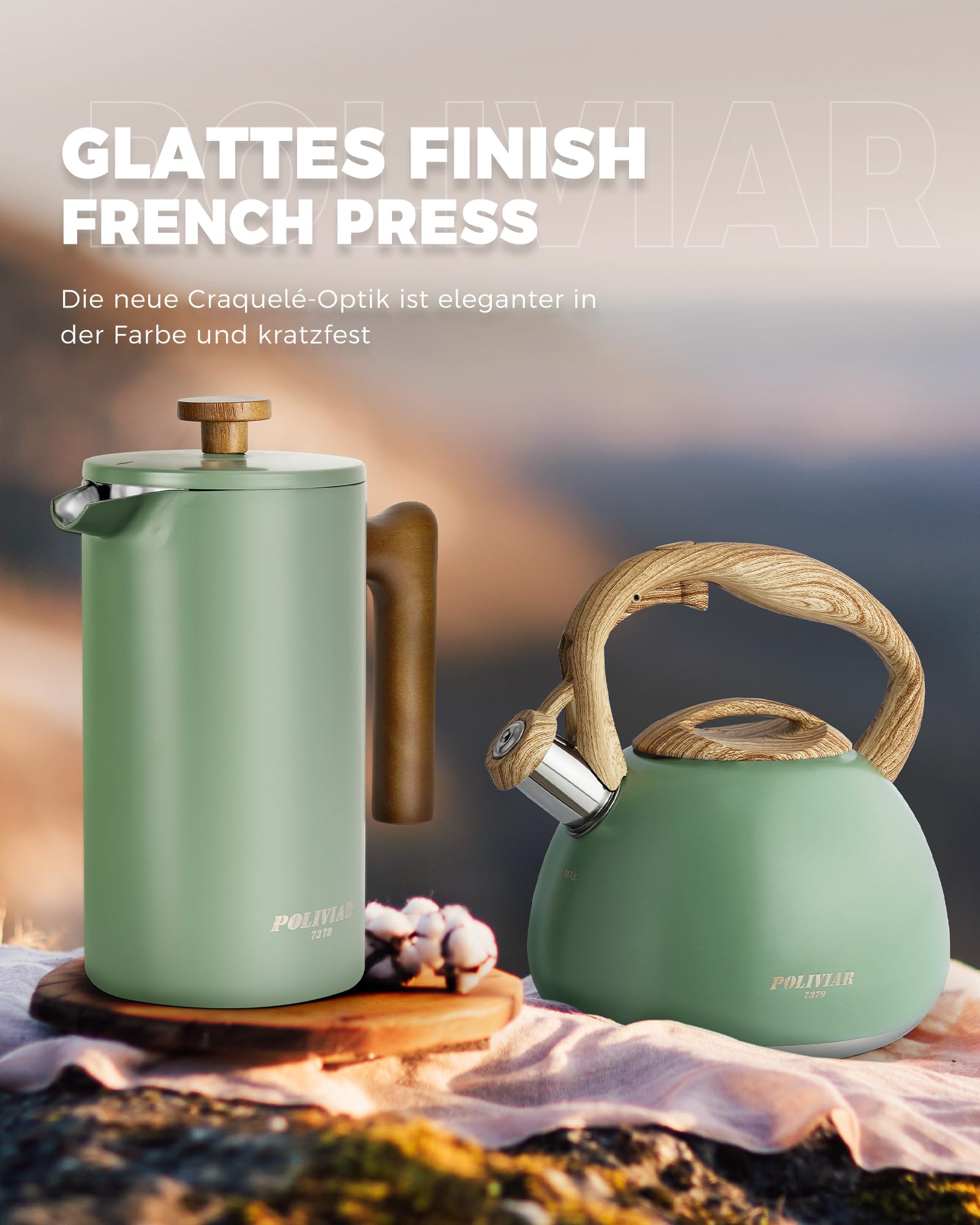 Poliviar French Press Kaffeebereiter 1 Liter/8 Tassen, Doppelwandige Isolierte Kaffeekanne und Teebereiter, Handfilter Kaffeepresse mit Plunger & Griff aus Holz, Flatland (Grün) JX2020-FPN-DE