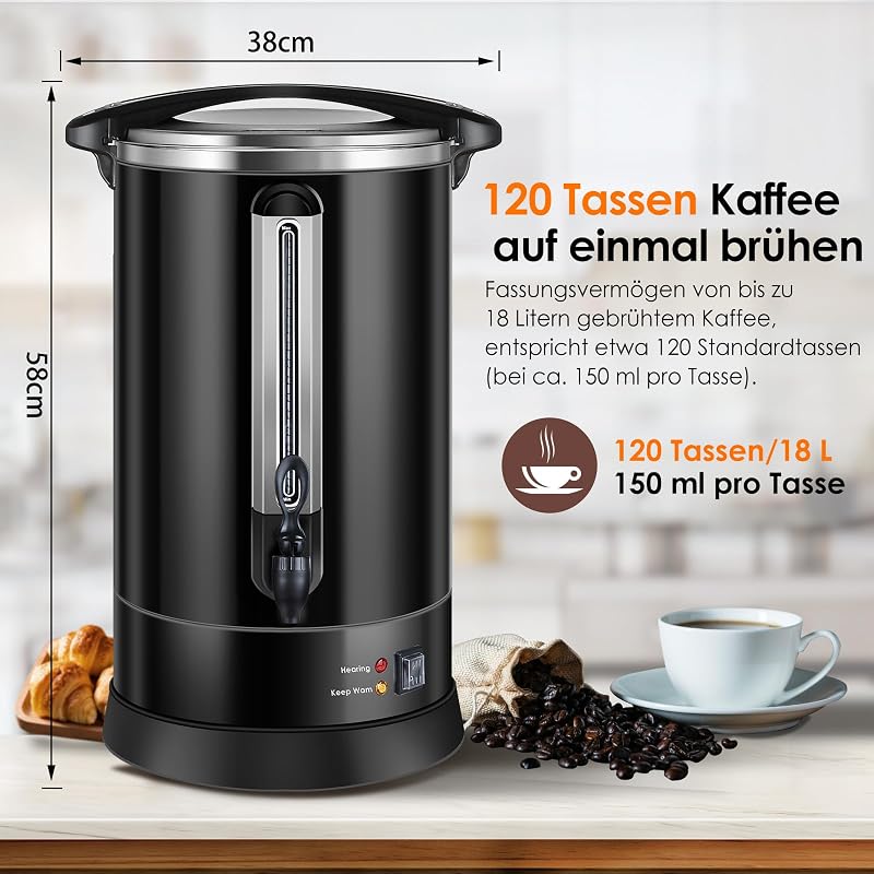 Homtone 18L Rozsdamentes Kávéfőző 120 Csészéhez, 1500W Professzionális Szűrős Kávégép