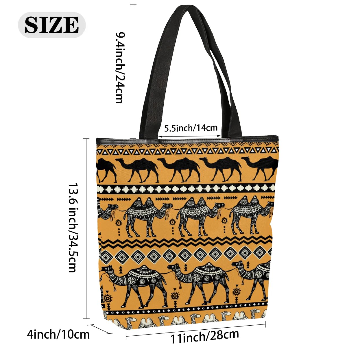 Mularoka Vintage Camel Hand Painting Canvas Tote Bag with Zipper and Pockets Canvas Tote Shopping Bag Women Reusable Grocery Bag for Beach Travel Gym Shopping
