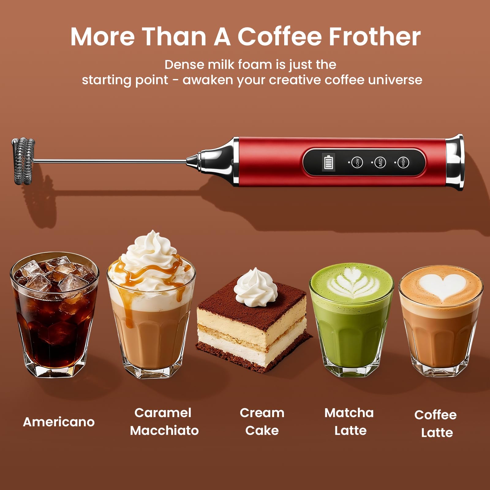YUSWKO Varita espumadora de leche roja para café con soporte, espumador de café de mano, mezclador de bebidas recargable, batidor eléctrico impermeable