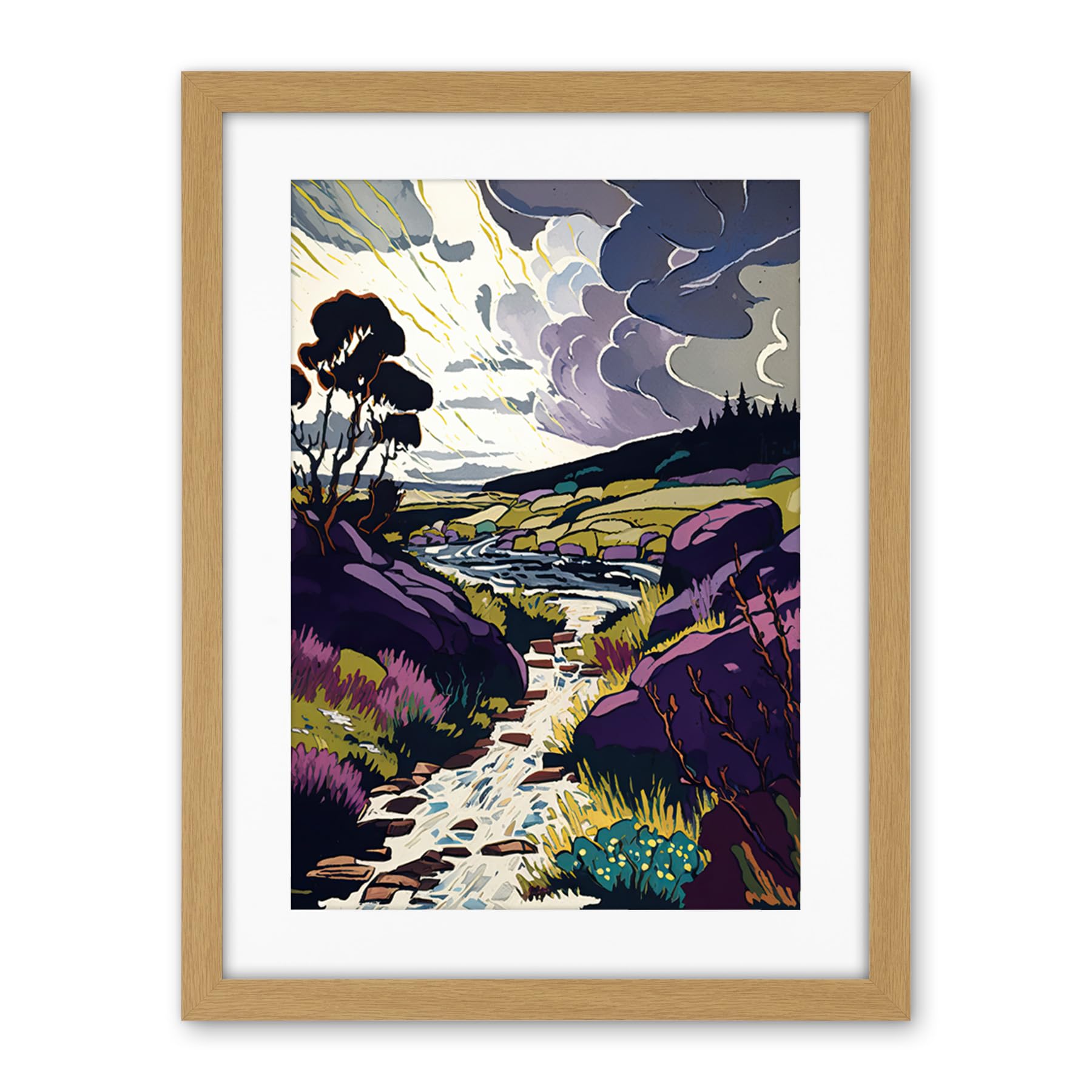 Artery8 Scottish Landscape Illustration with Stormy Clouds Artwork Framed Wall Art Print 18X24 Inch