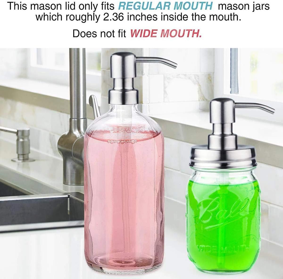 Mason Jar Soap Dispenser Lid and Pump Replacement Brushed Stainless Steel Rust-Proof Leak-Proof for Regular Mouth Size Lid or Modern Farmhouse Soap Pumps for The Kitchen and Bathroom Silver 2 Pack