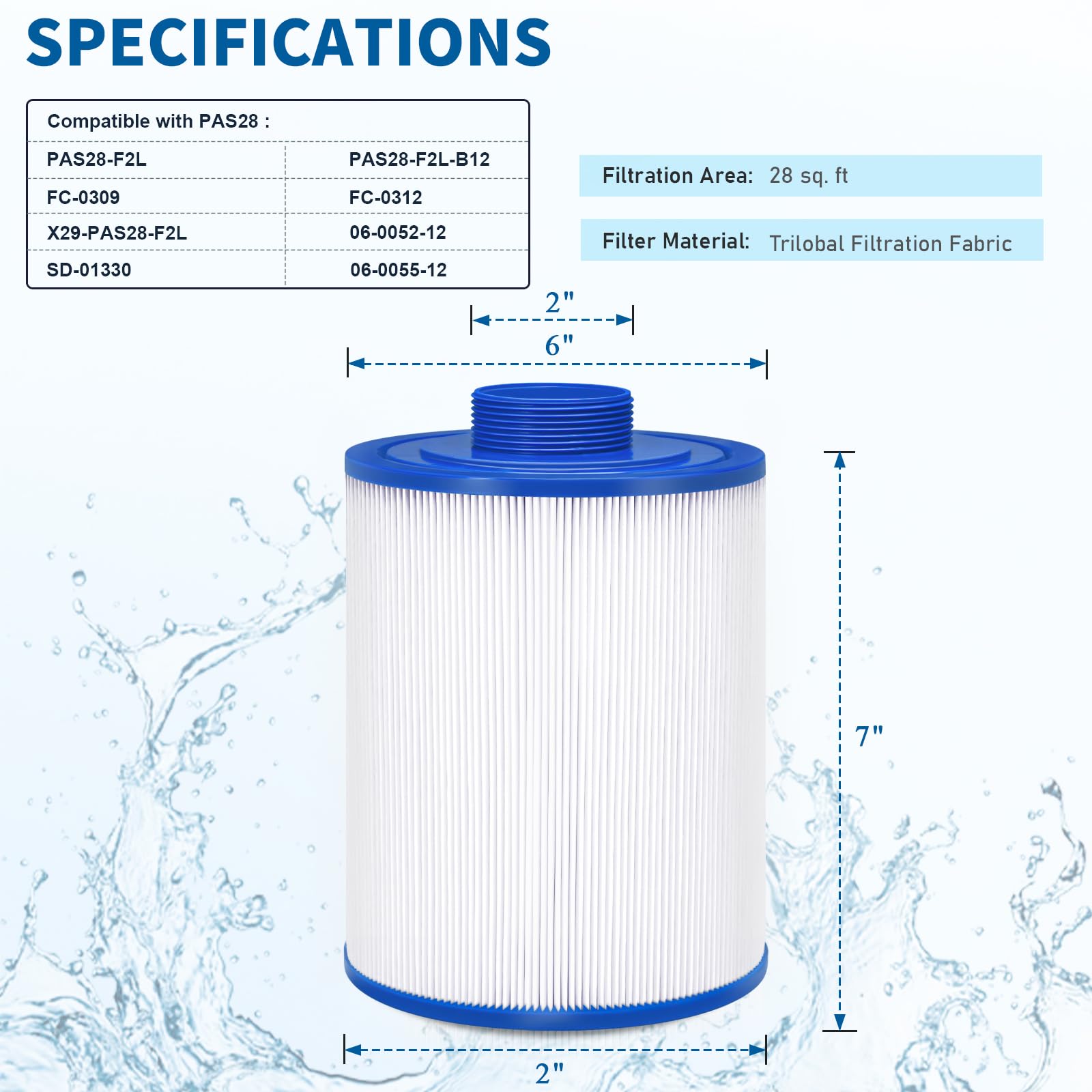PAS28 - Filtro compatible con PAS28, PAS28-F2L, PAS28-F2L-B12, X29-PAS28-F2L, 06-0052-12, 06-0055-12, FC-0309, FC-0312, SD-01330, cartucho de repuesto para bañera de hidromasaje, spa, piscina, paquete