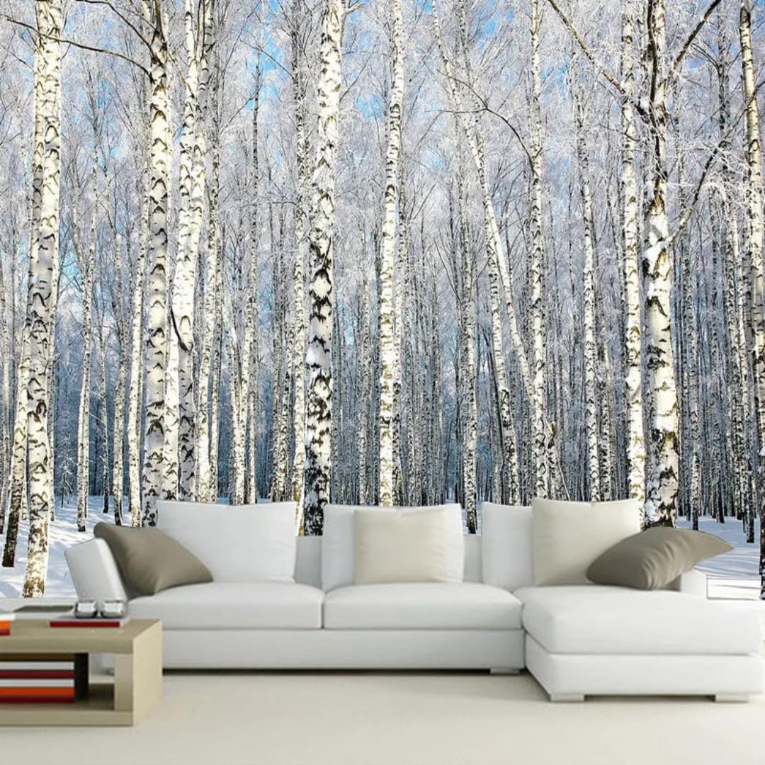 XINRUYI 3D Mural Wallpaper of Winter Snow Scene and Birch - Wall Art Stickers for Bedroom and Living Room Decoration
