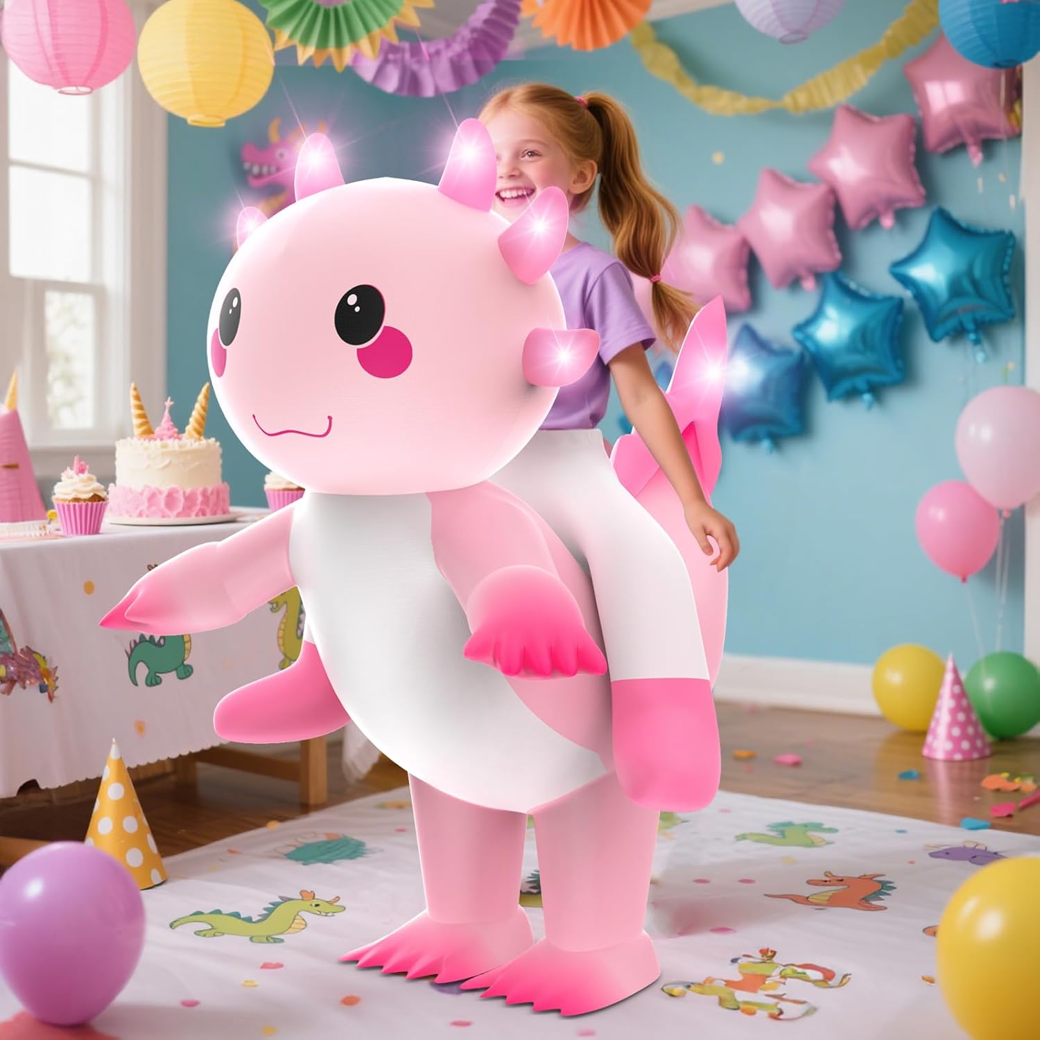 Skirfy Inflatable Costume for kids,Inflatable Axolotl Riding Costume with Lights,Halloween Glow in The Dark Blow up Costume for Girls Boys 6-9 - Image 3