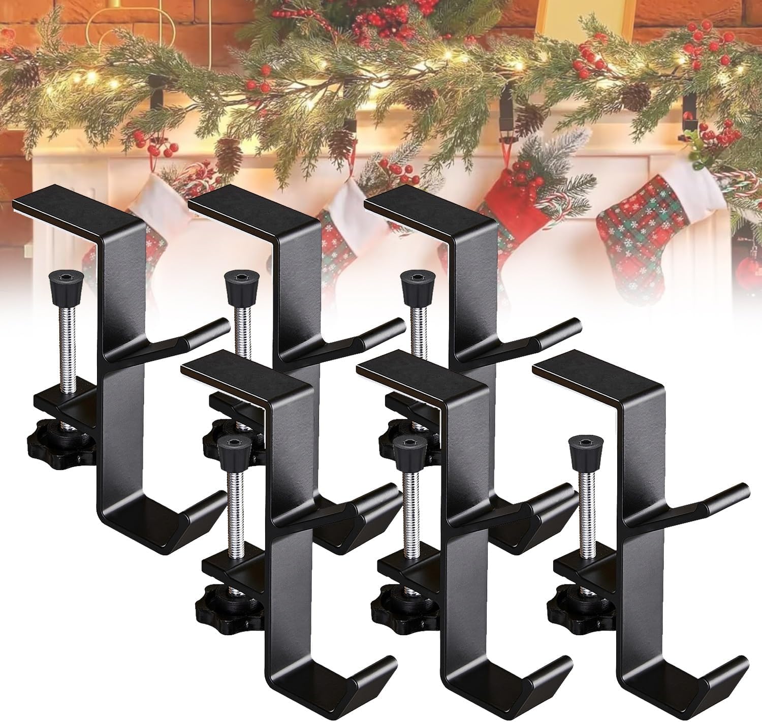 Asslye Black Fireplace Stocking And Garland Hanger For Mantel,2 In 1 Garland And Stocking Mantel Holders With 2 Hooks,Adjustable Heavy Duty Stocking Hooks,No Drill Christmas Stocking & Garland Hanger (, 6Pcs)