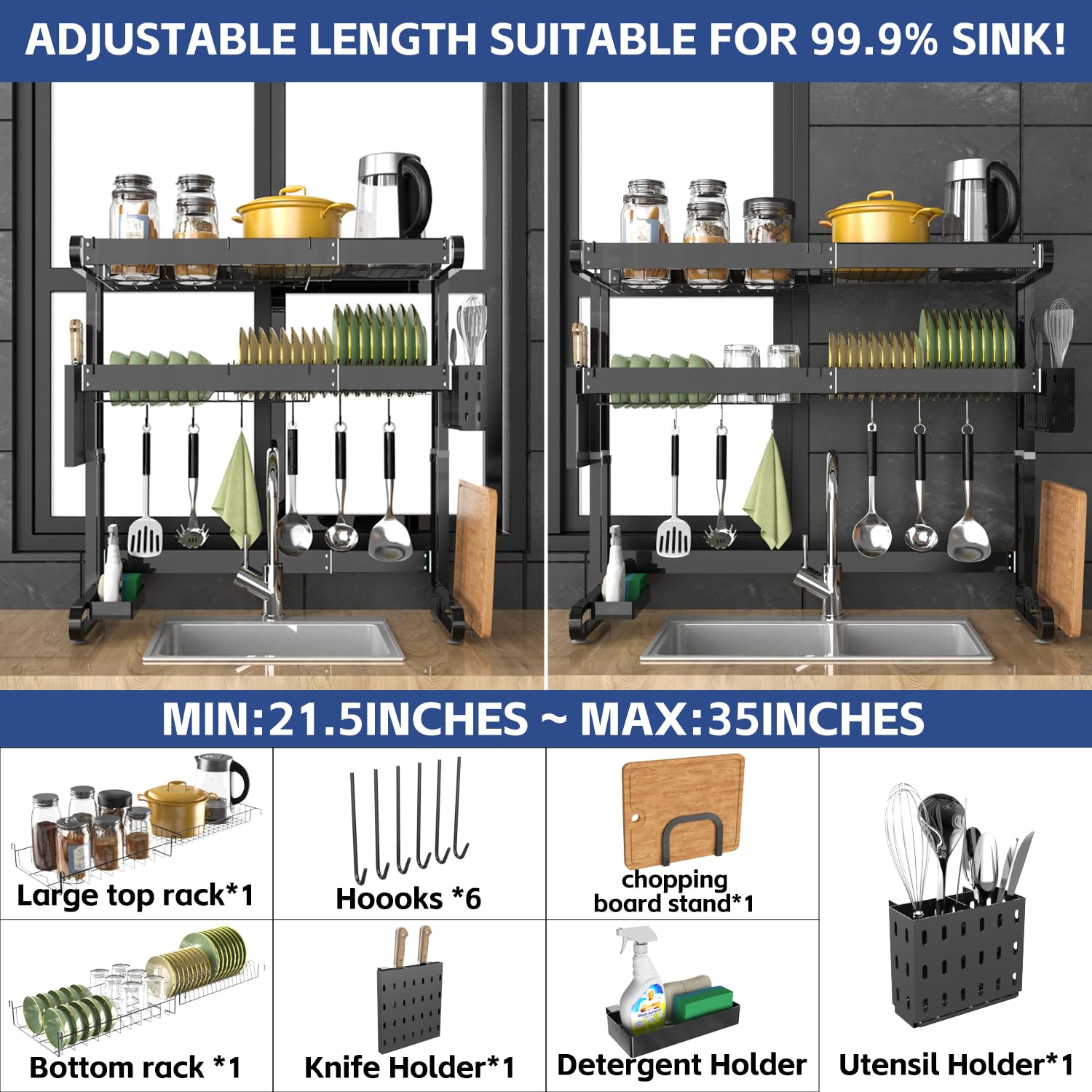 Adjustable Stainless Steel Over-The-Sink Dish Rack (21.5
