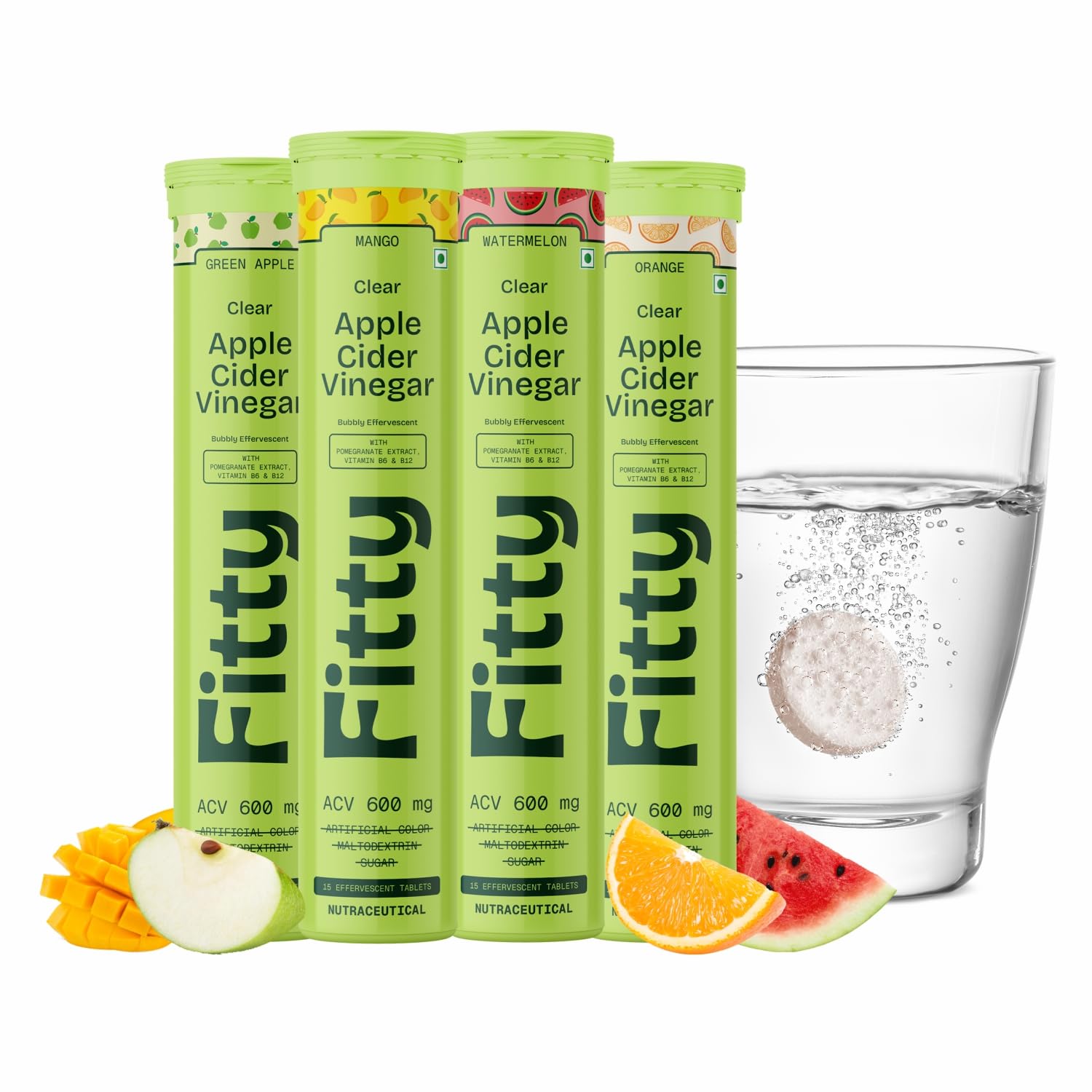 Fitty Apple Cider Vinegar Fizz 600mg | Mix Flavour | With Vitamin B6 & Stevia | Zero Sugar | Pack of 4