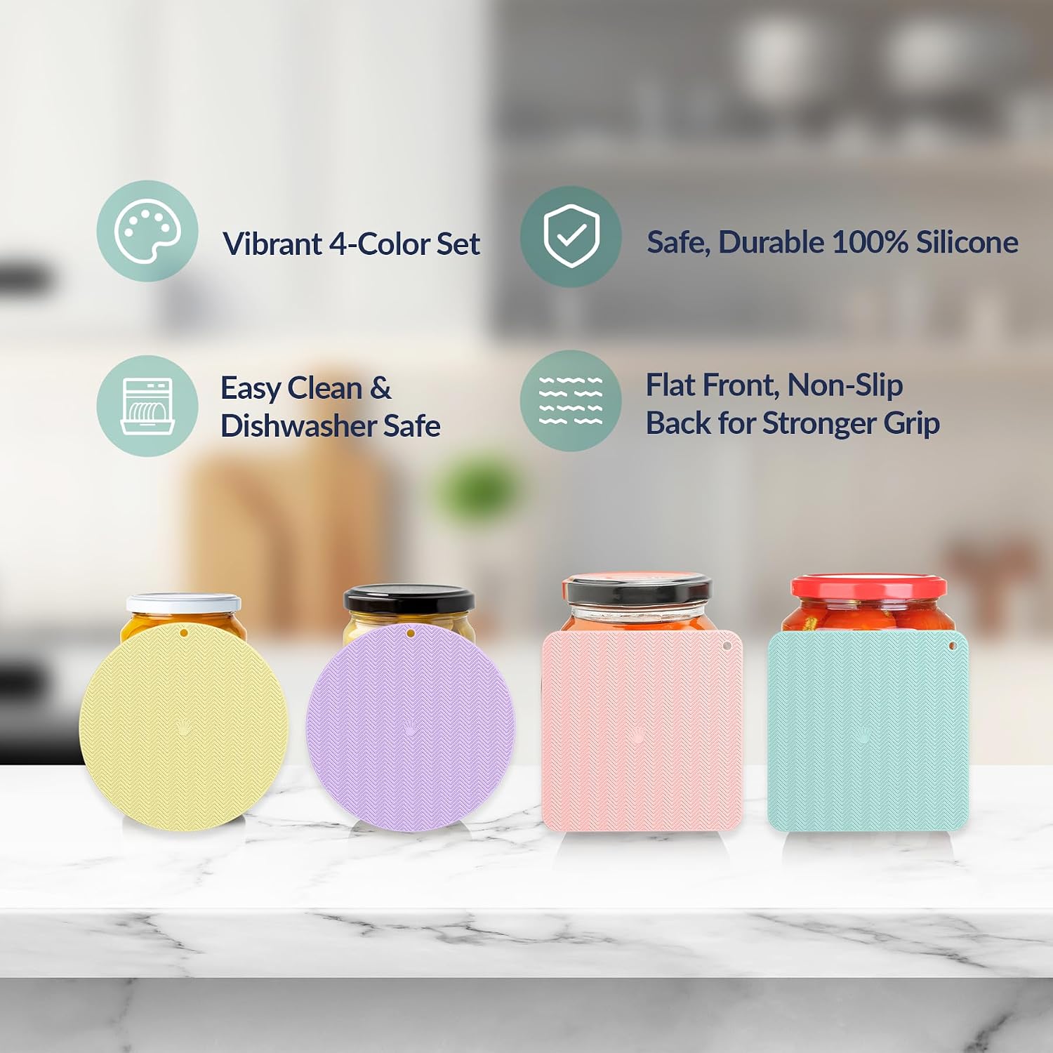 NiHome Silicone Jar Opener Grippers Set (4 Pack) – Non-Slip Palm Texture Lid Opener Pads, 6 Inch Wide Grip for Bottles and Caps, Food Grade, Square & Round(Macaron Pastel Colors)
