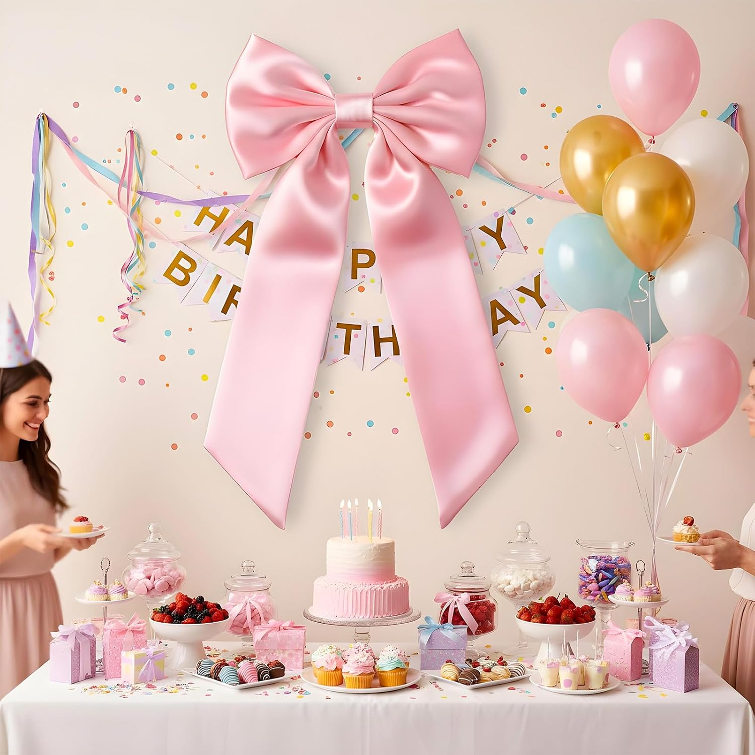 3Pack Large Pink Bows for Coquette Room Decor, 40x24 Inch Giant Satin Ribbon Wall Hanging for Coquette Birthday Party Backdrop, Baby Shower, Wedding (Pink)