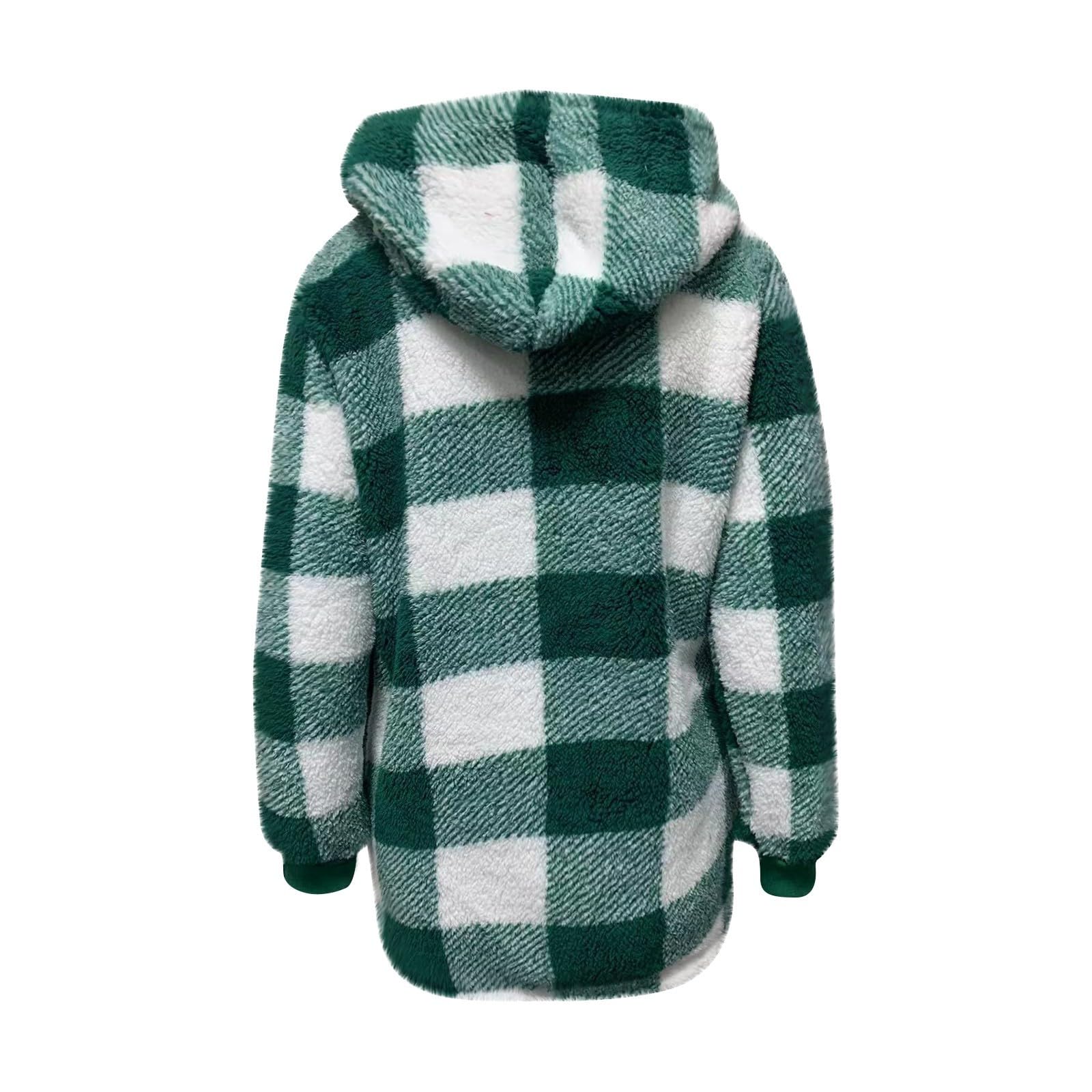Teddyjacke Damen Mit Kapuze Winterjacke Kariert Plüschjacke Flauschig