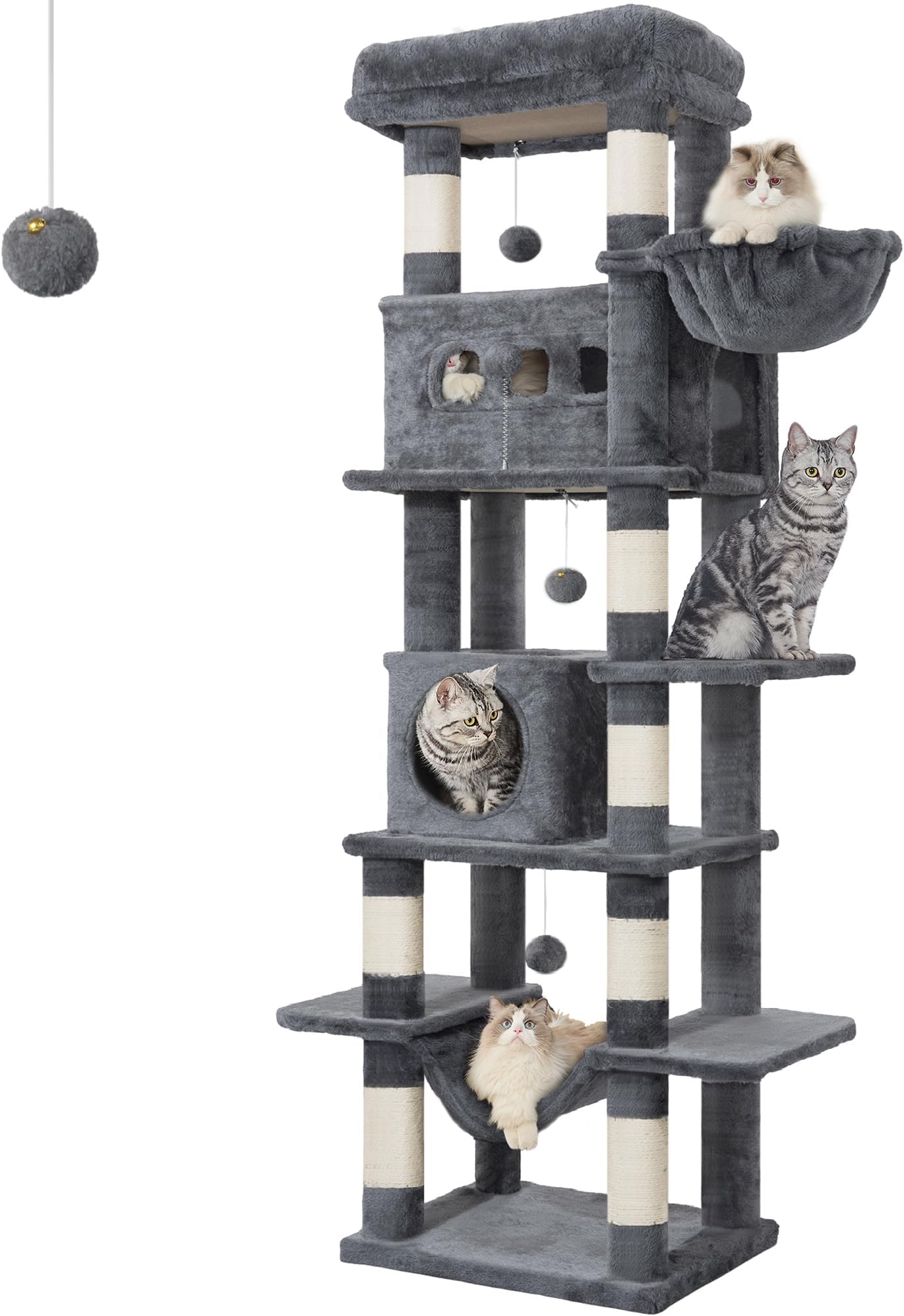 Hzuaneri Cat Tree for Indoor Cats, 170 cm Large Tall Cat Tower, Multi-Level Cats House with Condo, 8 Scratching Posts, Hammock, 4 Pom Poms, Dark Grey MS17018SG