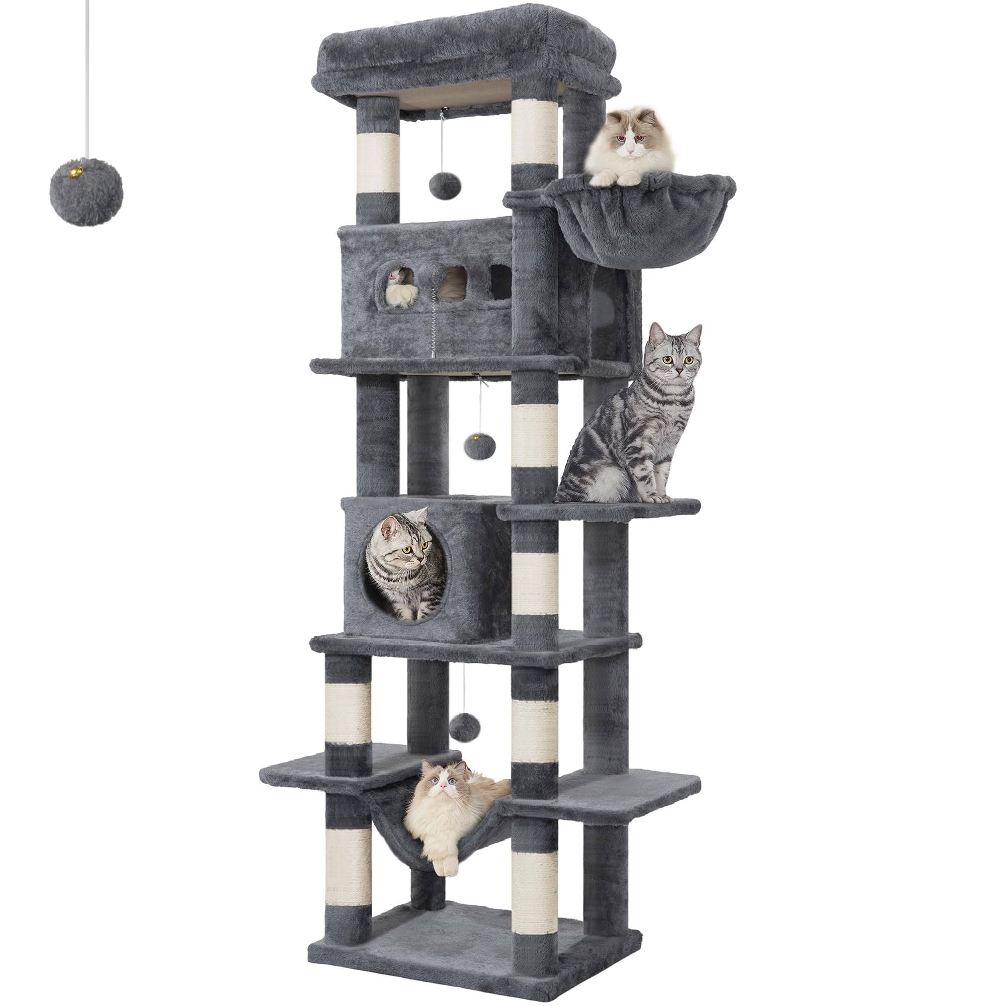 HzuaneriCat Tree for Indoor Cats, 170 cm Large Tall Cat Tower, Multi-Level Cats House with Condo, 8 Scratching Posts, Hammock, 4 Pom Poms, Dark Grey MS17018SGThe Forest Stewardship Council