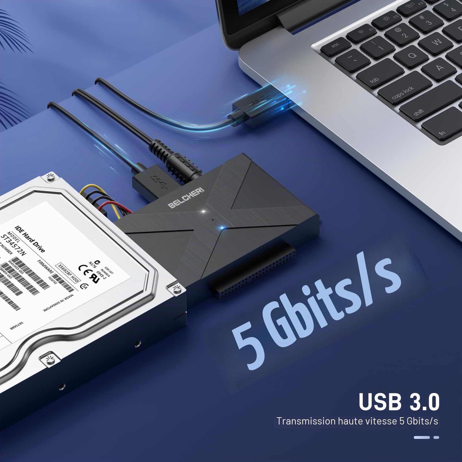 Adaptateur USB 3.0 vers IDE et SATA, Adaptateur Disque Dur Externe Universel 2.5" ou 3.5" SATA ou IDE HDD SSD, Convertisseur avec Alimentation 12V