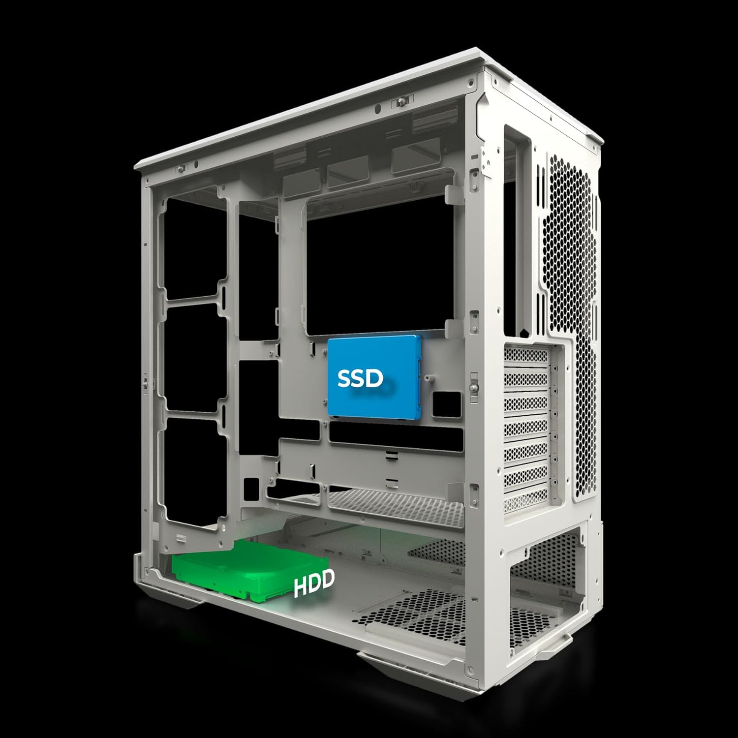 Diagram showing SSD and HDD mounting locations inside the PC case