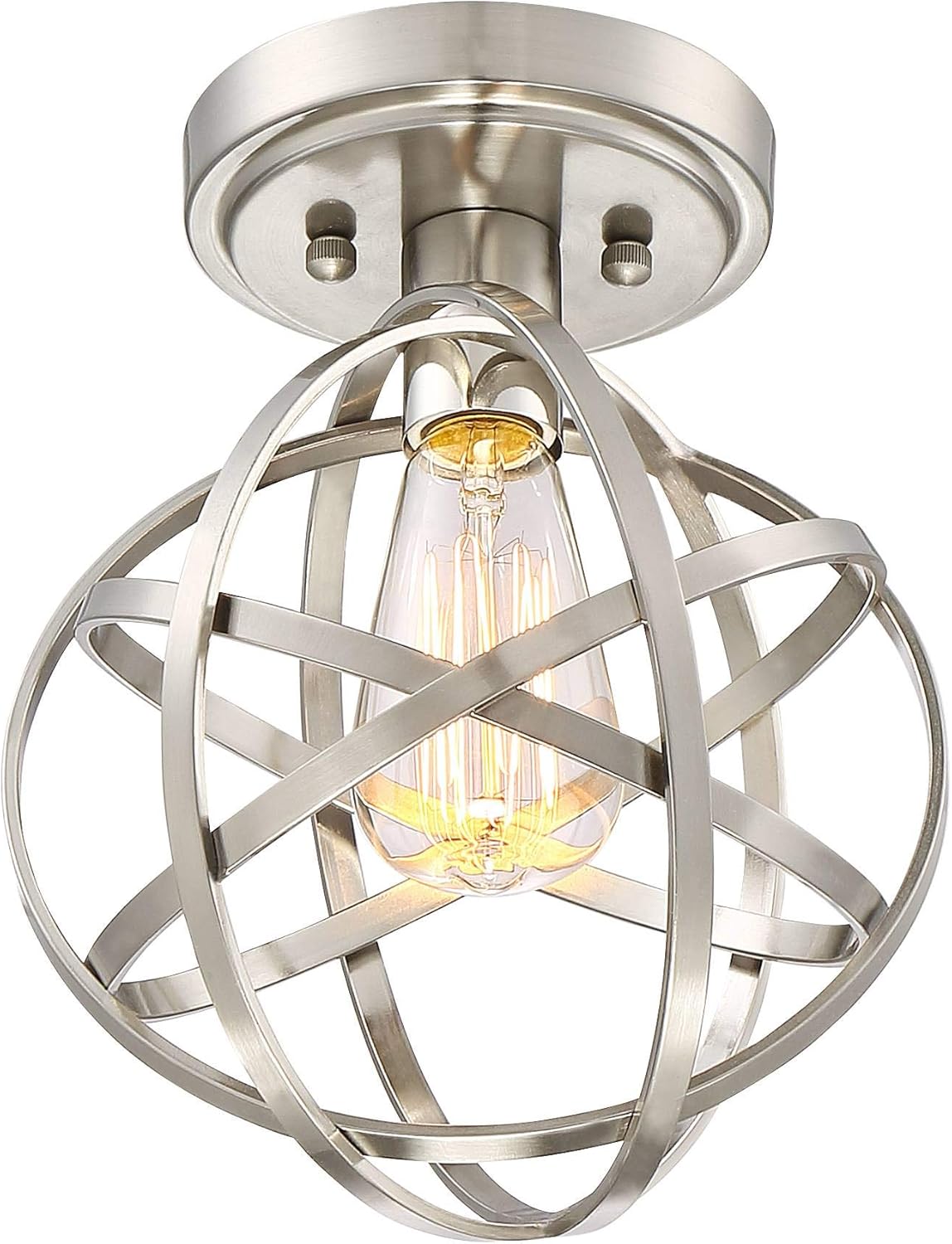 Industrial Atom Modern Close to Ceiling Light Semi Flush Mount Fixture 8" Wide LED Brushed Nickel Geometric Cage Shade Bedroom Hallway Living Room Dining Room Bathroom Kitchen - Franklin Iron Works - - 