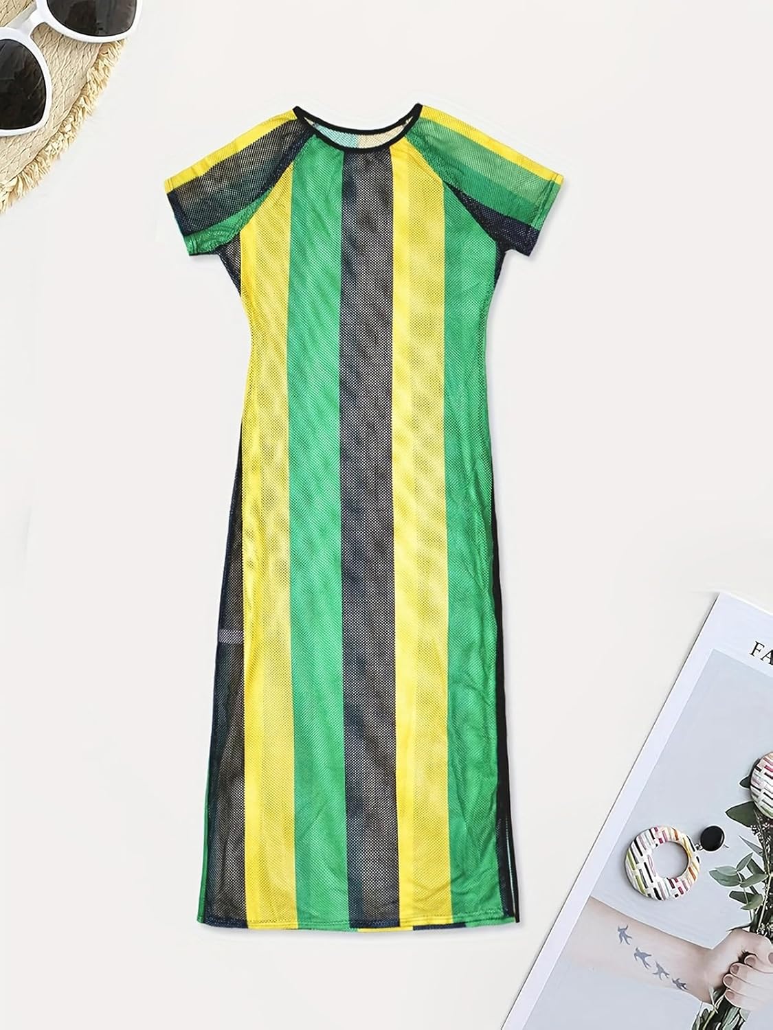 XZLUFNY Womens Colorful Stripe Fishnet Beach Dress Bikinis Swimwear Cover Ups - Image 4