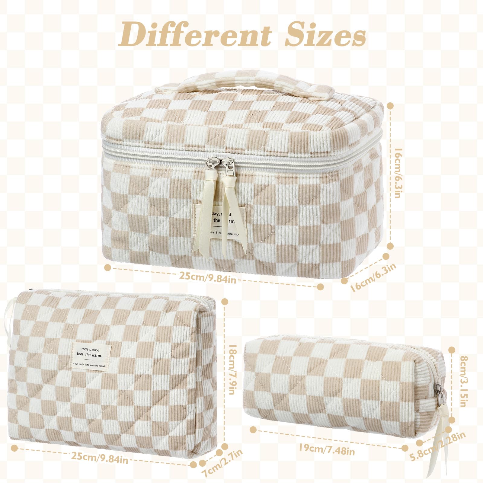 BuyCard Lot de 3 Trousses de Toilette pour Femme avec Motif Floral - Trousse de Toilette matelassée - Portable - pour Les Voyages et la Vie Quotidienne (3, Chèque Kaki) - 3