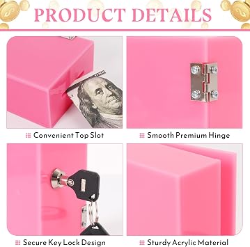 Extra Large Pink Acrylic Box Winners Bank with 2 Keys, Slot, Storage Waist Bag, Portable Casino Cash Money Lock Box Safe for Gamblers, 1Pack