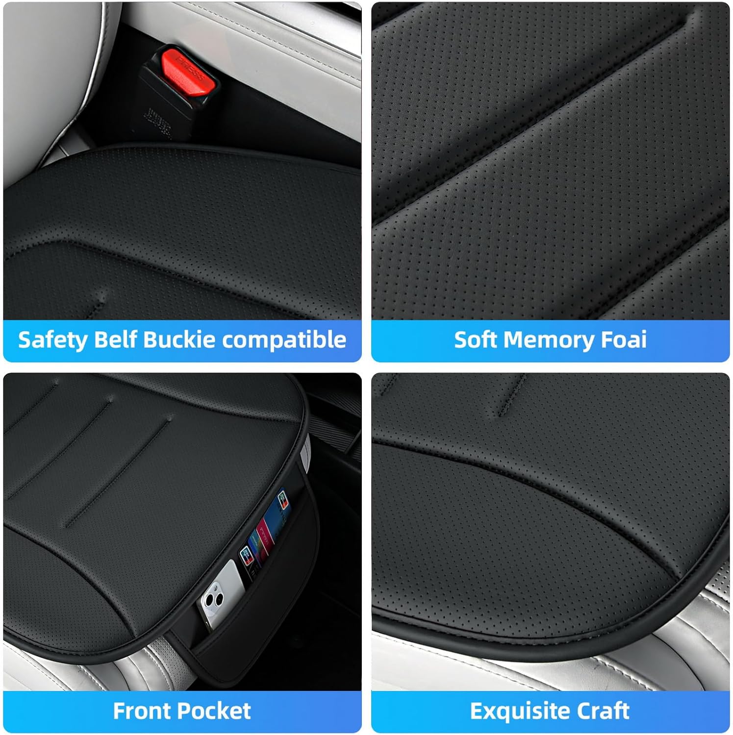 KAYI Car Seat Cushion, Comfort Memory Foam Car Cushions for Driving, Breathable Leather Surface with Anti Slip Rubber Bottom, Seat Cushion for Car and Office Chair (2 Pack, Black)