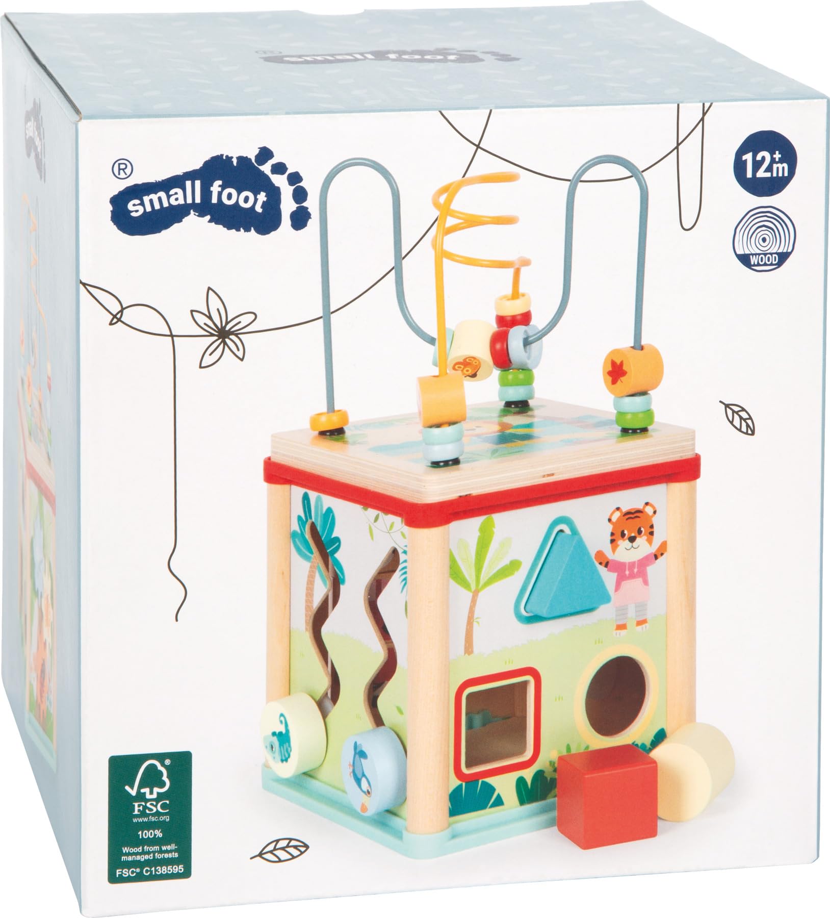 Small Foot Dado motricità Jungle Friends in Legno FSC® 100% Certificato, Dado Activity salvaspazio con 5 superfici di Gioco, Gioco didattico per Bambini da 1 Anno, 12765