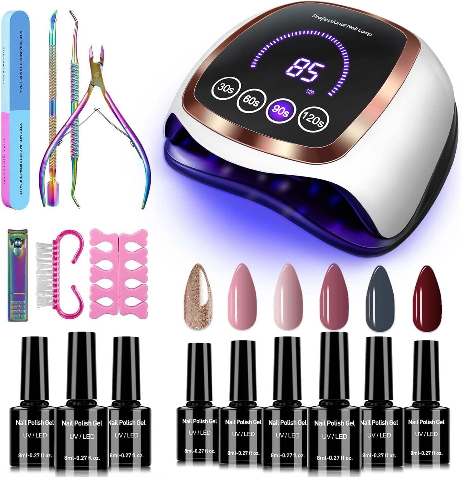 Gel Nail Polish Kit with UV Light, Gugusure 168W LED Nail Lamp with 6 Colors Gel Nail Polish Set, Base&Top Coat and 7pcs Nail Art Manicure Kit DIY Home Gel Nail Polish Starter Kit Gift for Women