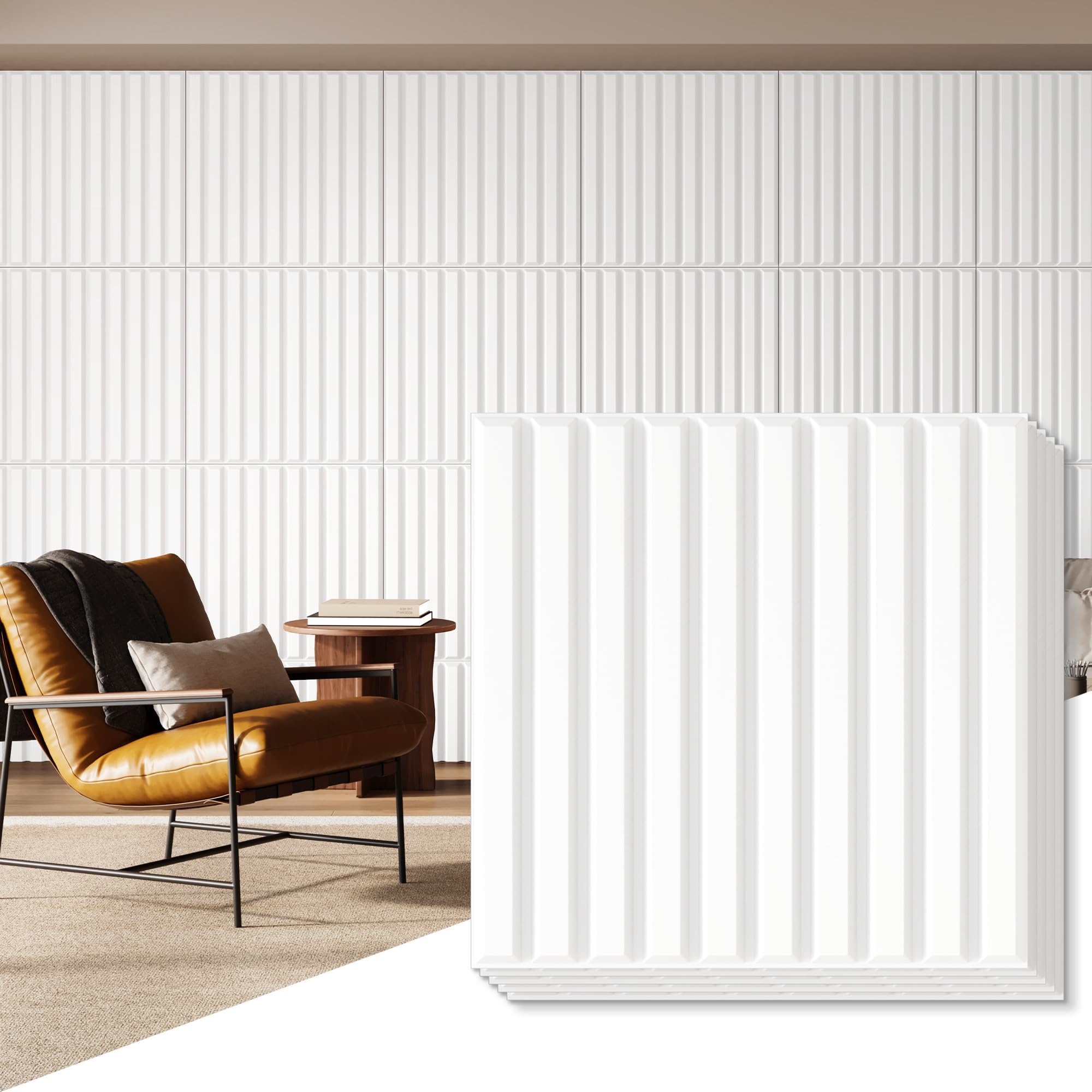 PVC Slat Wall Panel, 19.7 x 19.7in 3D Fluted Textured Panel White, Suitable for Kitchen, Living Room, and Home 3D Wall Panels(12-Pack, 32 Sq.ft)
