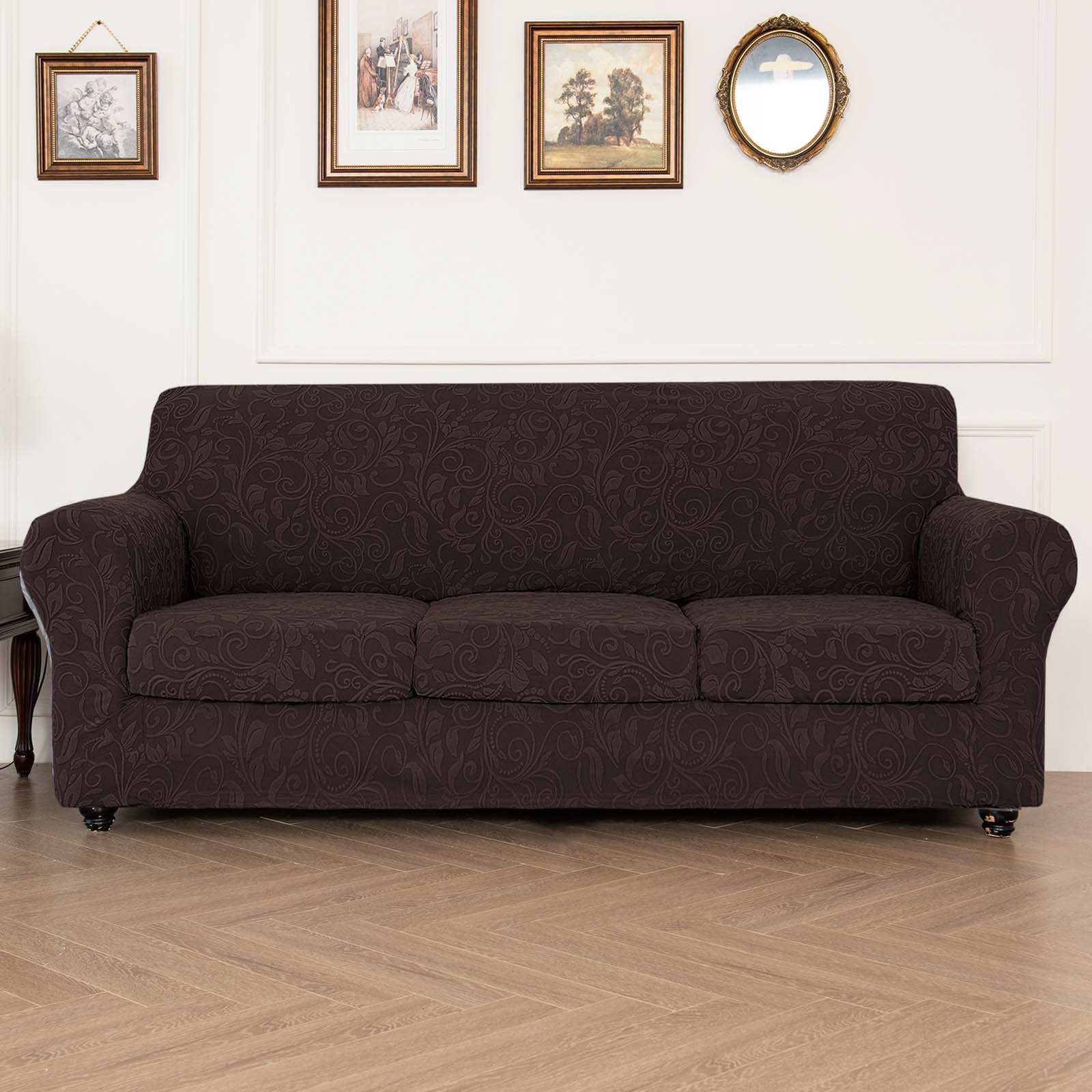 LiveGo Stretch Jacquard Chair Sofa Slipcover - 4 Pieces Luxury Soft Jacquard Couch Cover Furniture Protector with Elastic Bottom for Pets, Machine Washable (Chocolate A, 3 Seater) — image 1