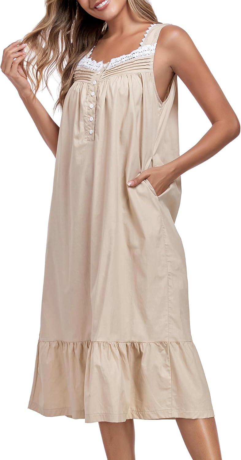 100% Cotton Nightgowns For Women Sleeveless Night Gown Long Sleep Dress With Pockets - Image 4