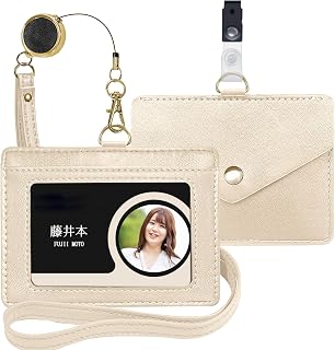 [X-Lounge] ID カードホルダー ネームホルダー 本革 横型 両面用 社員証 名札入れ 定期入れ パスケース カードケース ネックストラップ付 2つポケット (オフホワイト)