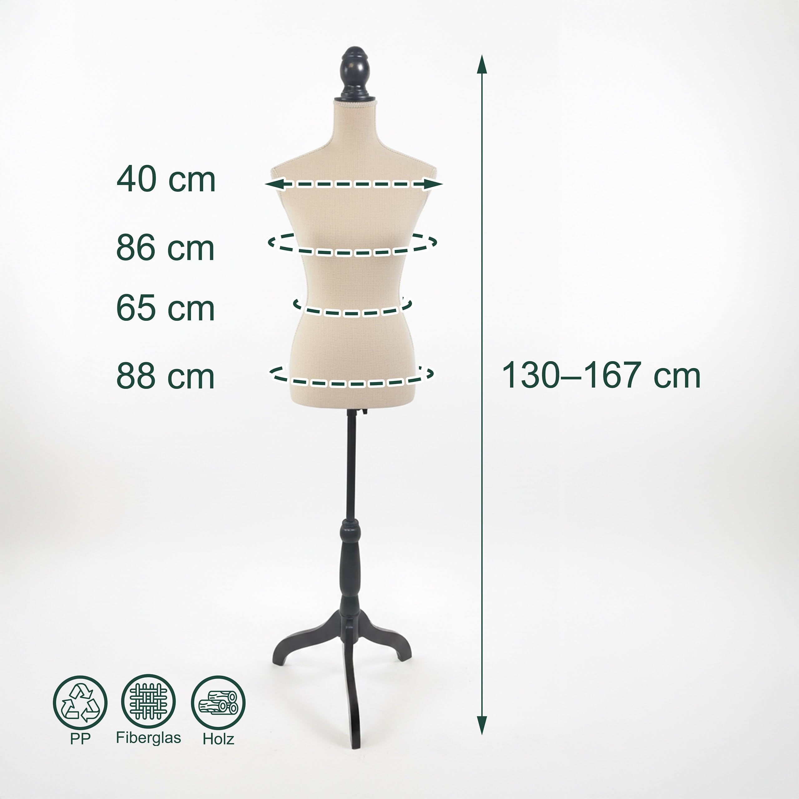 Relaxdays Schneiderpuppe weiblich, Größe 36/38, verstellbar 130–167 cm, Samt, Holzständer, Nähpuppe, Champagner/schwarz