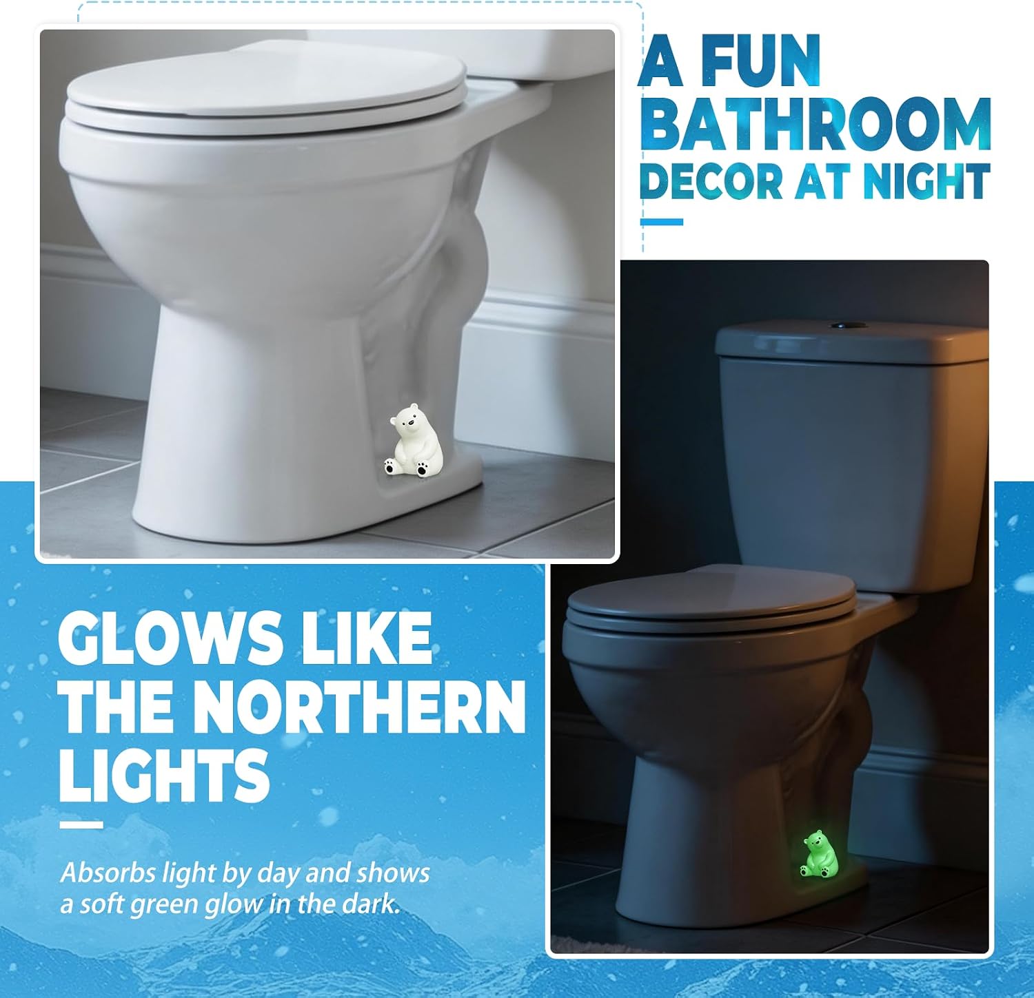 MENNTY Polar Bear Toilet Bolt Covers Decorative, Glow in the Dark Toilet Bolt Caps, 2 PCS Cute PLA Toilet Caps for Bottom of Toilet – Hide Rusty Bolts, Easy Push-On Fit