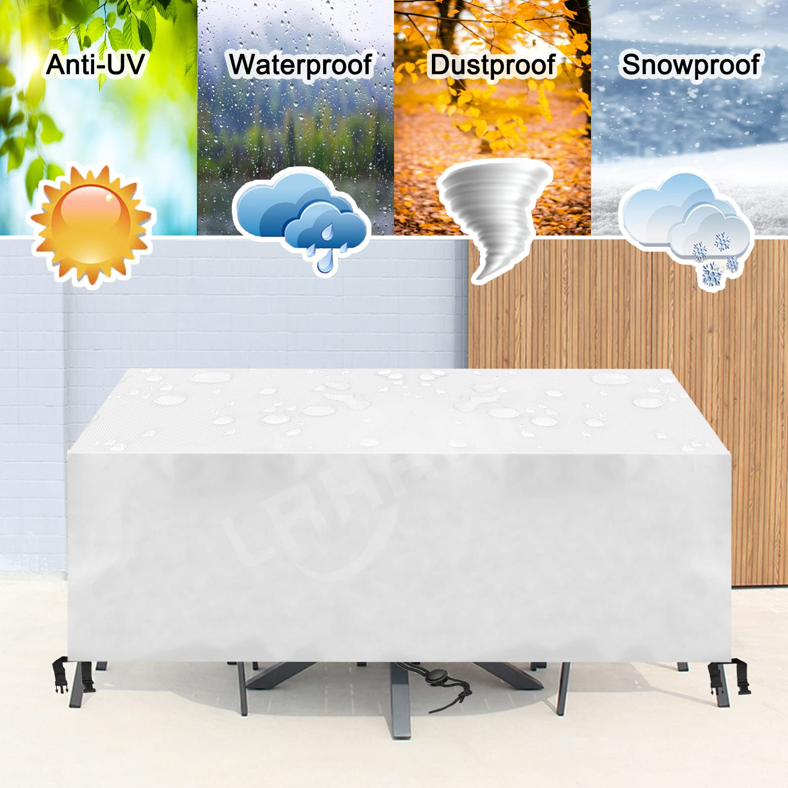 Abdeckung Gartenmöbel Rechteckig Abdeckhaube Gartentisch 420D Oxford Gewebe Wasserdichtes Winddicht Schutzhülle für Gartentisch Möbelsets-Silver|| 290x260x140cm/LxWxH