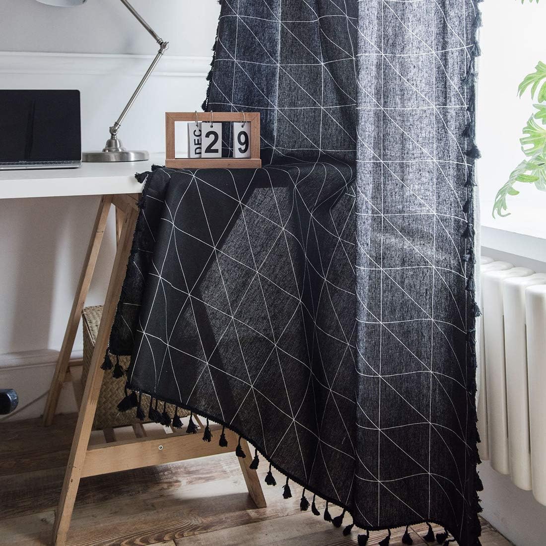 vctops Boho Geometric Print Cotton Linen Window Curtain Panel with Tassels Farmhouse Country Room Darkening Curtains for Bedroom Living Room, 1 Piece (59"x87",Black)