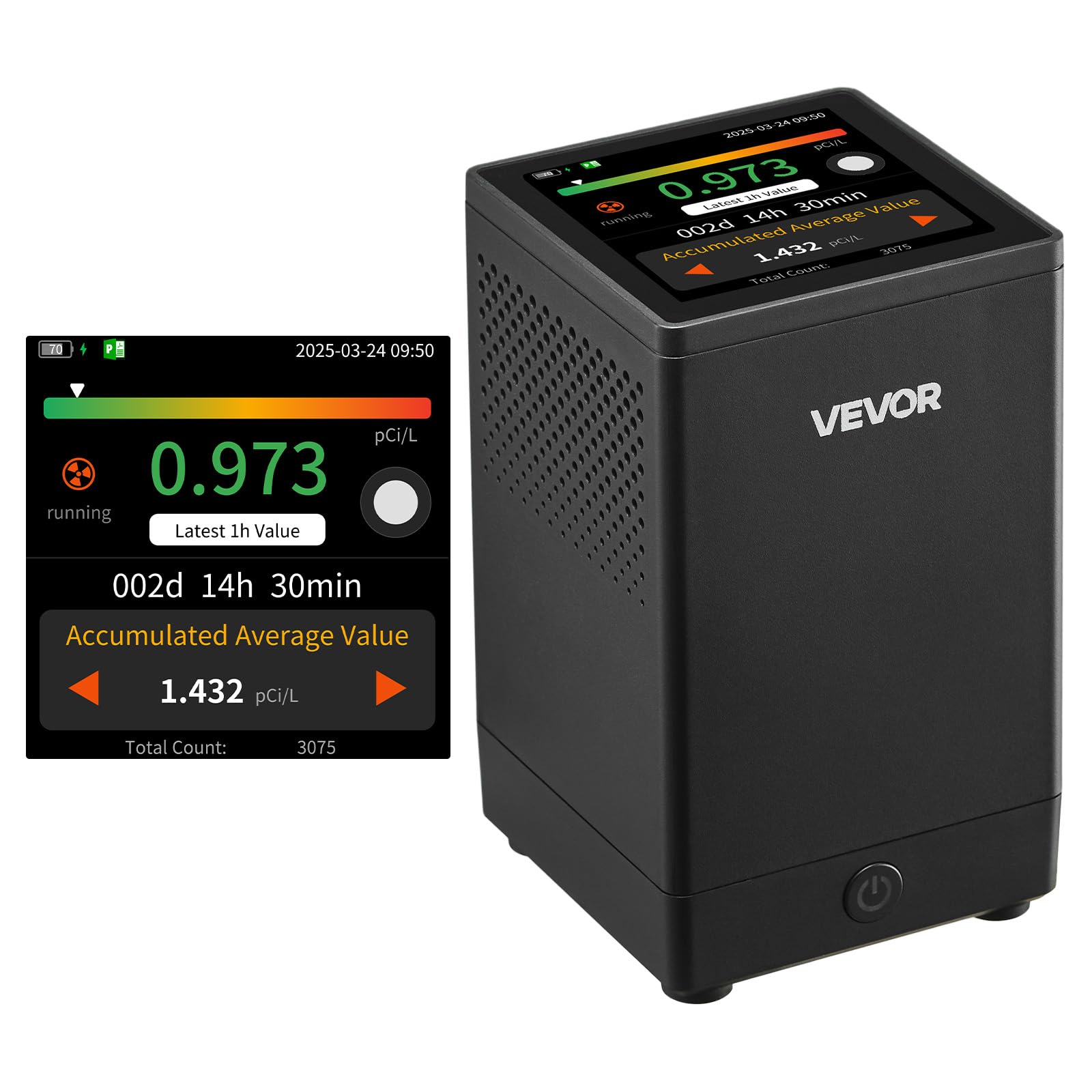 VEVOR Détecteur de Radon Domestique, 0,054-540 pCi/L, Écran LCD Couleur Affichage Temps Réel, Surveillance à Court et Long Terme, Prise en Charge de Plusieurs Périodes Détection, Alimenté par Batterie