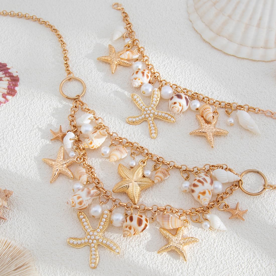 Juego de joyas de disfraz de sirena para mujer, accesorios de disfraz de sirena, estrella de mar, caracola, concha, collar, pulsera, perlas, estrella de mar, aretes de clip para el pel(A)