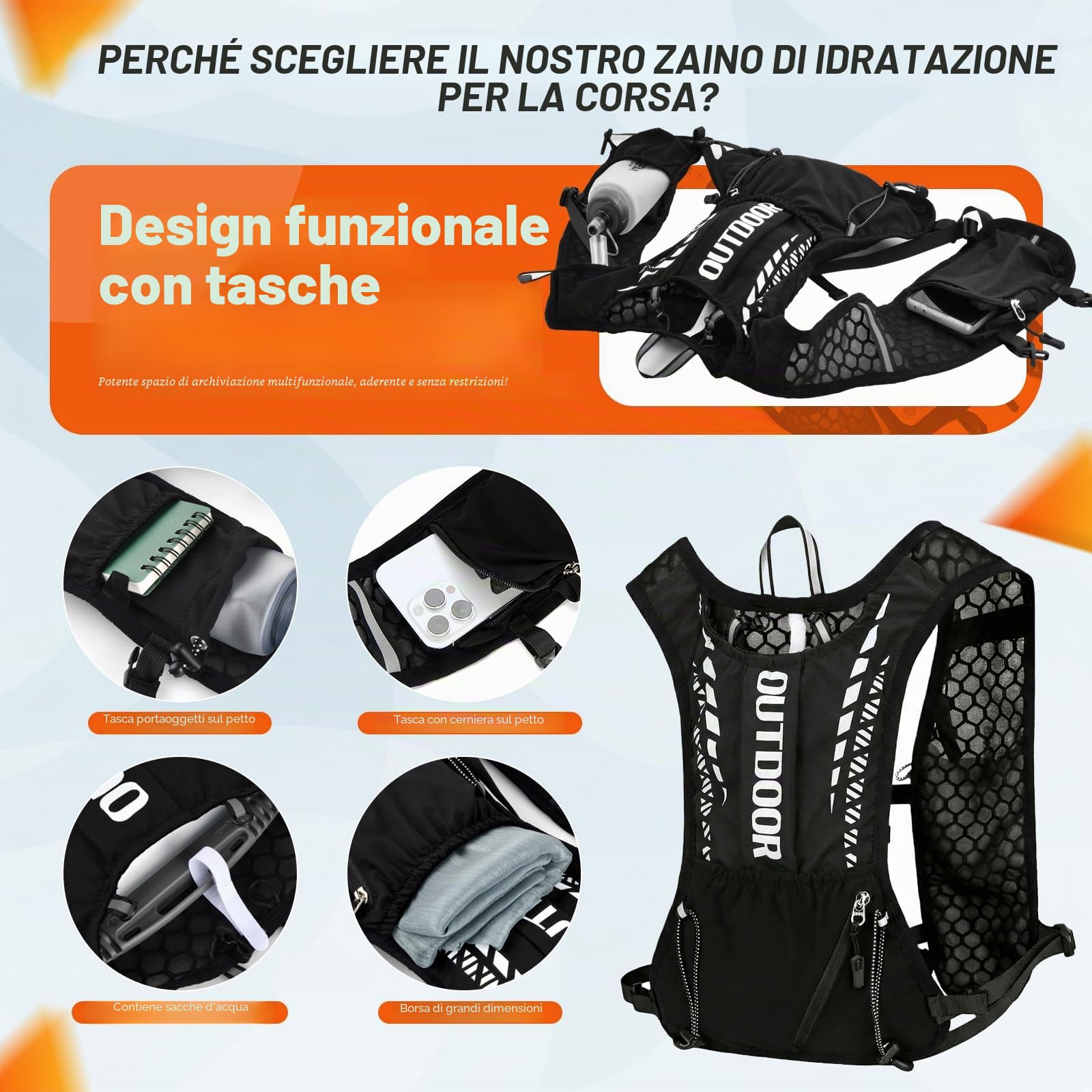 Zaino Idratazione,Zaino da Corsa,Gilet Zaino Trail Running,Gilet running uomo,Gilet corsa,con 500ml Borraccie Morbide 1.5L Sacca Idrica,per Outdoor,Maratona,Ciclismo,Alpinismo