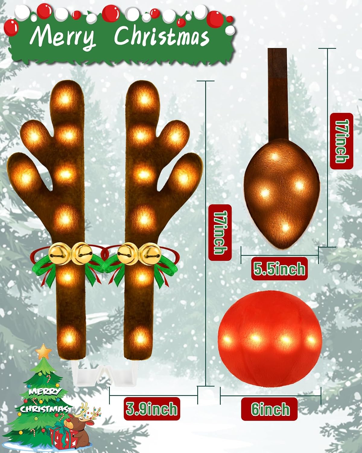Christmas Reindeer Antlers Car Decoration Kit 2025, LED Lights Nose Vehicle with Jingle Bells Rudolph, Cute Costume Auto Holiday Accessories for SUV Van Truck Decor Warm White