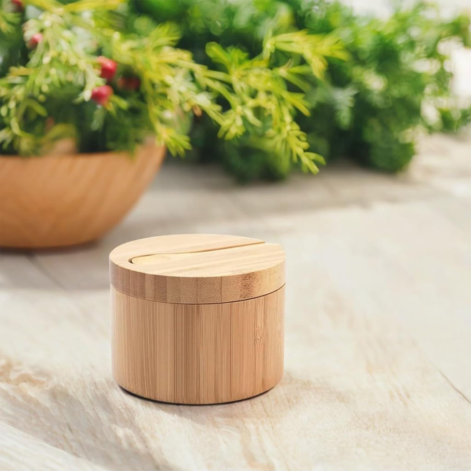Boîte à Sel Et Poivre En Bambou Avec Couvercle Magnétique Et Cuillère - Design Rond, Naturel, Pour épices Et Condiments