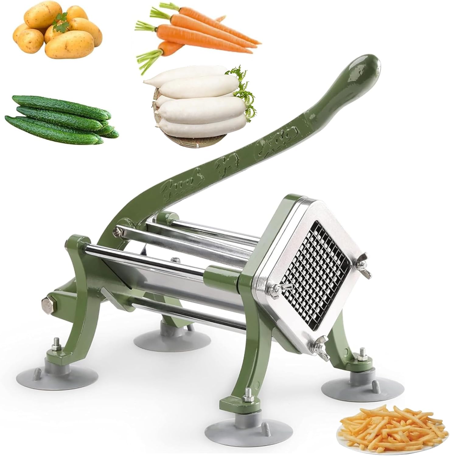 French Fry Cutter, Commercial Potato Slicer with Suction Feet,Great for Potato, French Fries, Cucumber, Vegetables, Carrot (Green- 3/8 Inch Blade)
