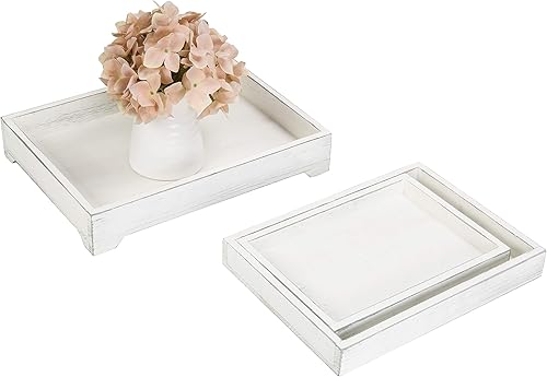 Miniatura 4 de MyGift Bandeja decorativa de madera blanca vintage, bandeja de servicio de madera de 3 piezas, bandeja de mesa de café otomana de exhibición