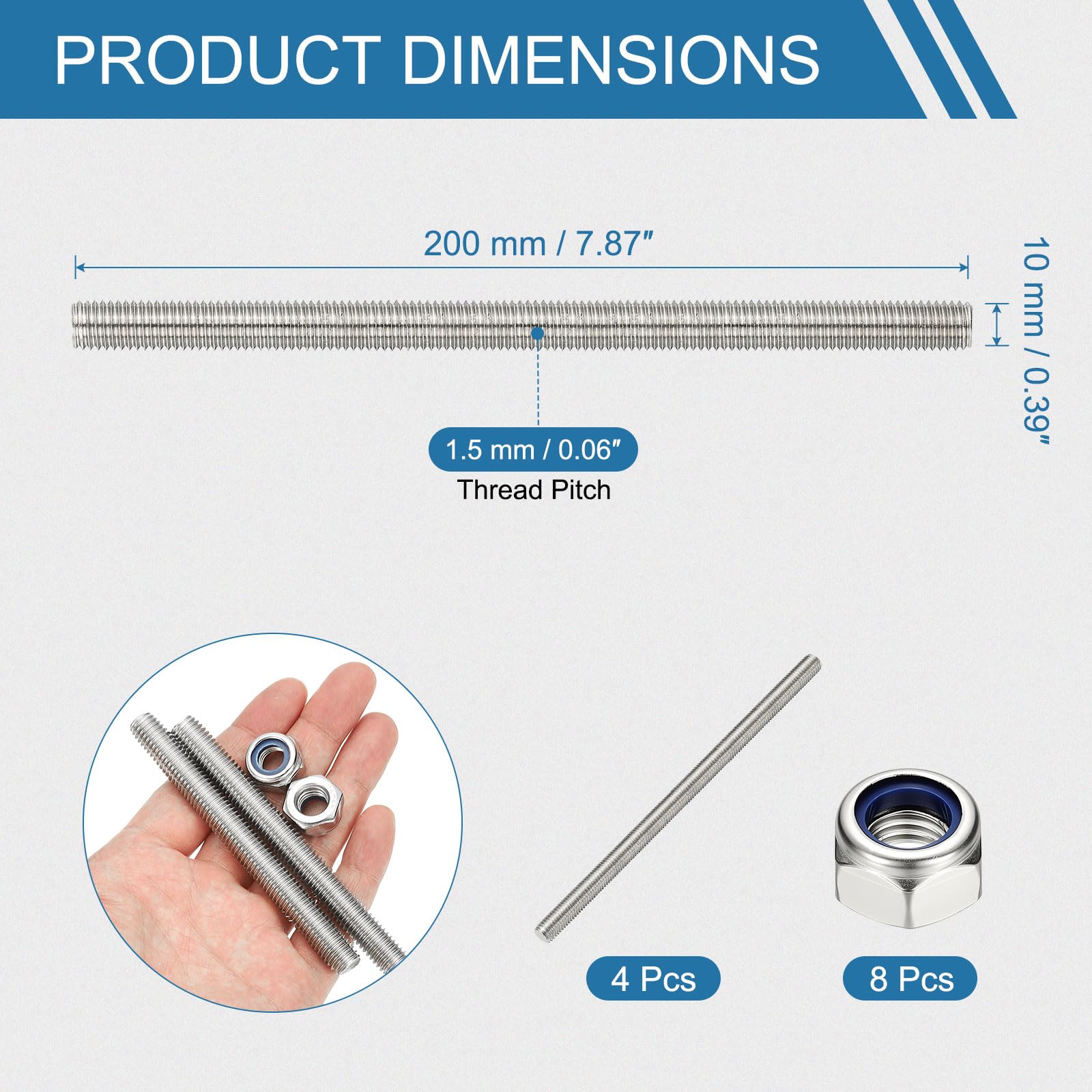 PATIKIL 4 Pcs Varilla Roscada Completa, M10 x 200mm Acero Inoxidable 304 Barra Roscada Diestra Larga Con Tuercas Para Tuberías Abrazaderas Colgadores Y Pernos En U
