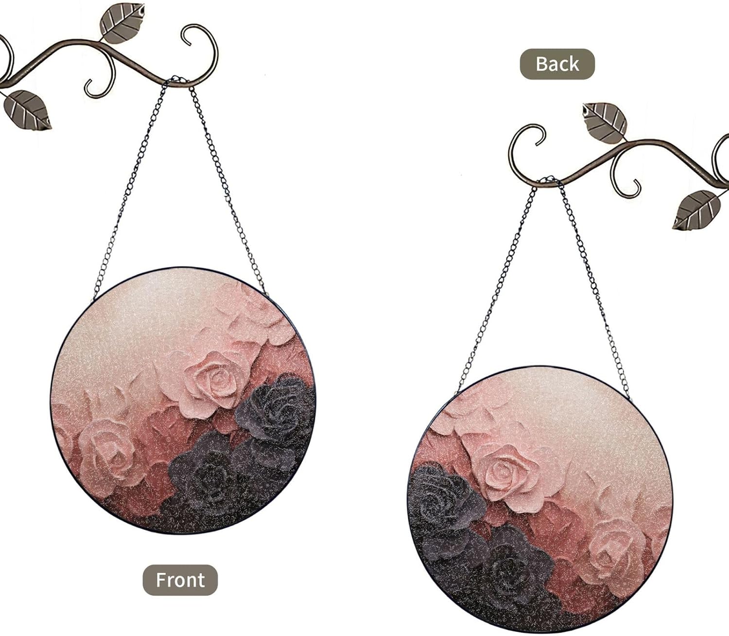 Stained Glass Window Hanging 6in（15cm）, Rose Color Blush and Black Glass Suncatcher for Home Decor, Indoor Wall Art Glass Panel with Metal Chain and Hooks, Sun Catcher Ornament Birthday Gifts