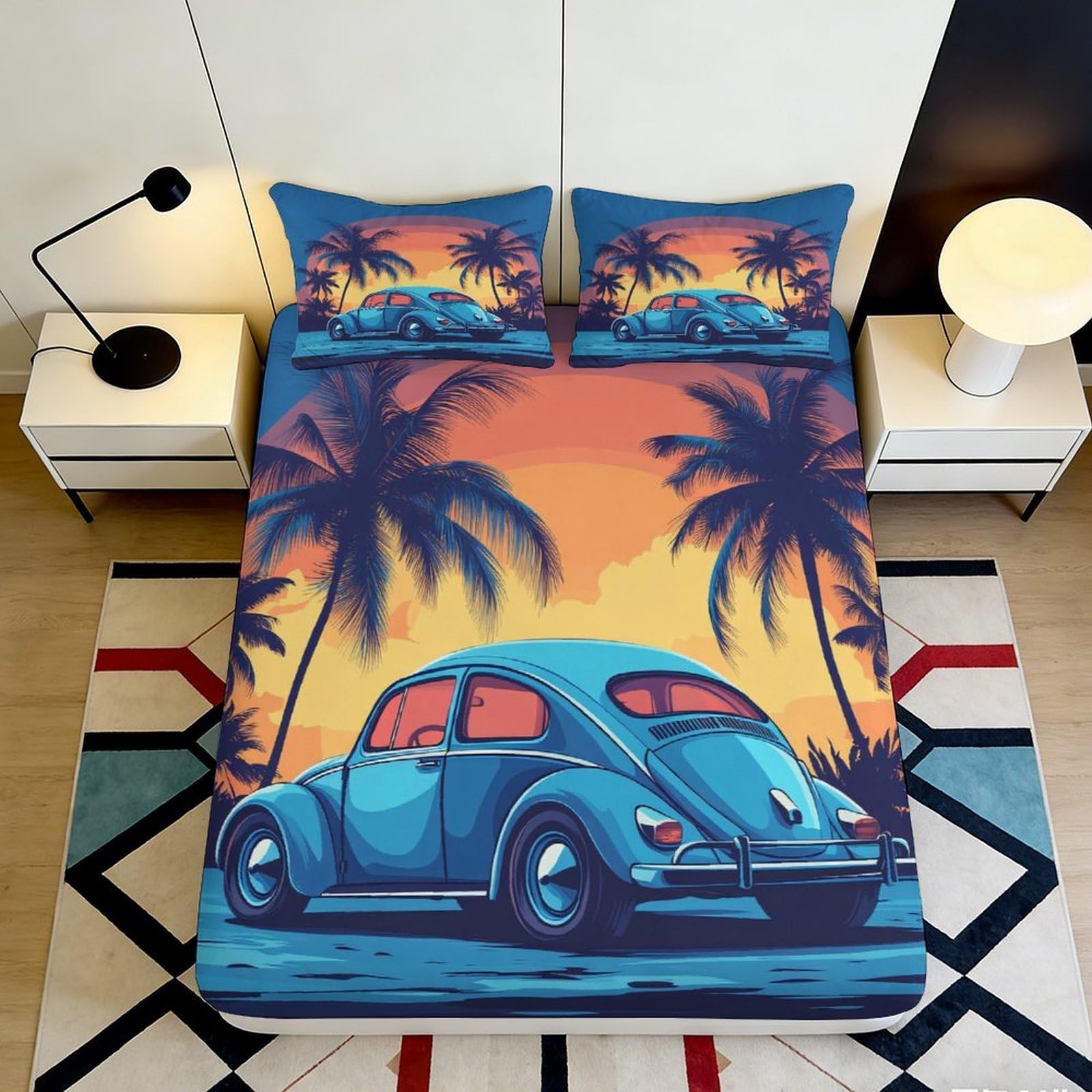 3D Printed Blue Vintage Car Sunset Fitted Sheet Microfiber Palm Beach Mattress Cover Bedroom Decor 200x200x25cm