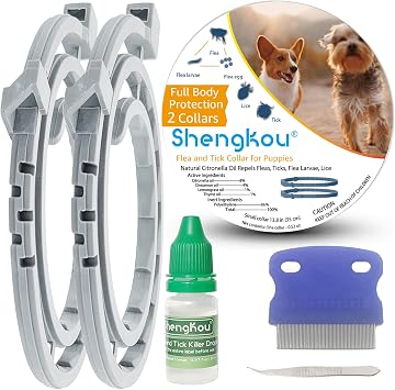 Flea and Tick Collar for Small Dog, Made with Natural Plant Based Essential Oil, Safe and Waterproof, Free Comb and Prevention Treatment Drop, 2x6 Month, 13.8 in 2 Packs