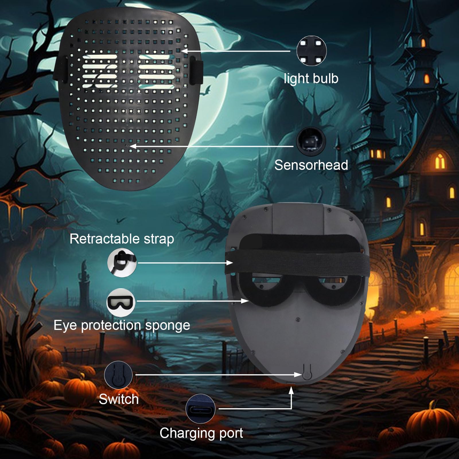 Maschera di Halloween a led, maschera luminosa con 25 modelli statici + 25 dinamici con rilevamento dei gesti Maschera spaventosa per Halloween, Cosplay, Masquerade