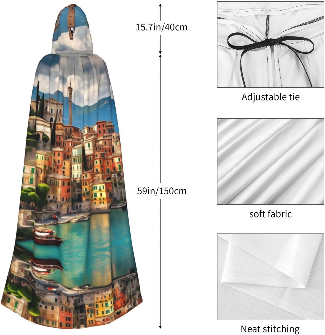 Beautiful Italy Print Men Hooded Cloak,Wizard Hooded Robe,Witch Cape Cosplay Costume Halloween Party Capes